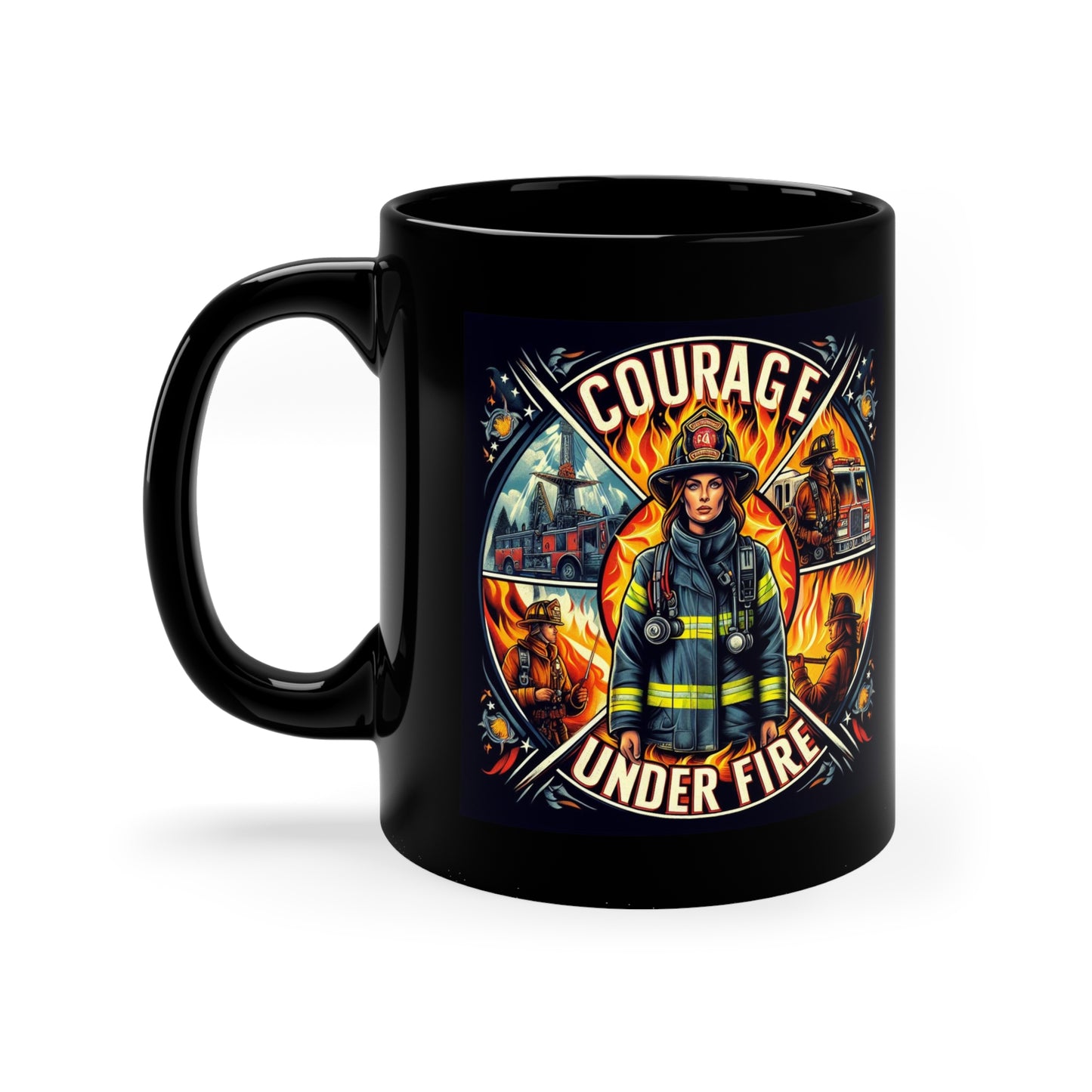 Courage Under Fire - Left Handed - Hook and Ladder - 11oz Black Coffee Mug