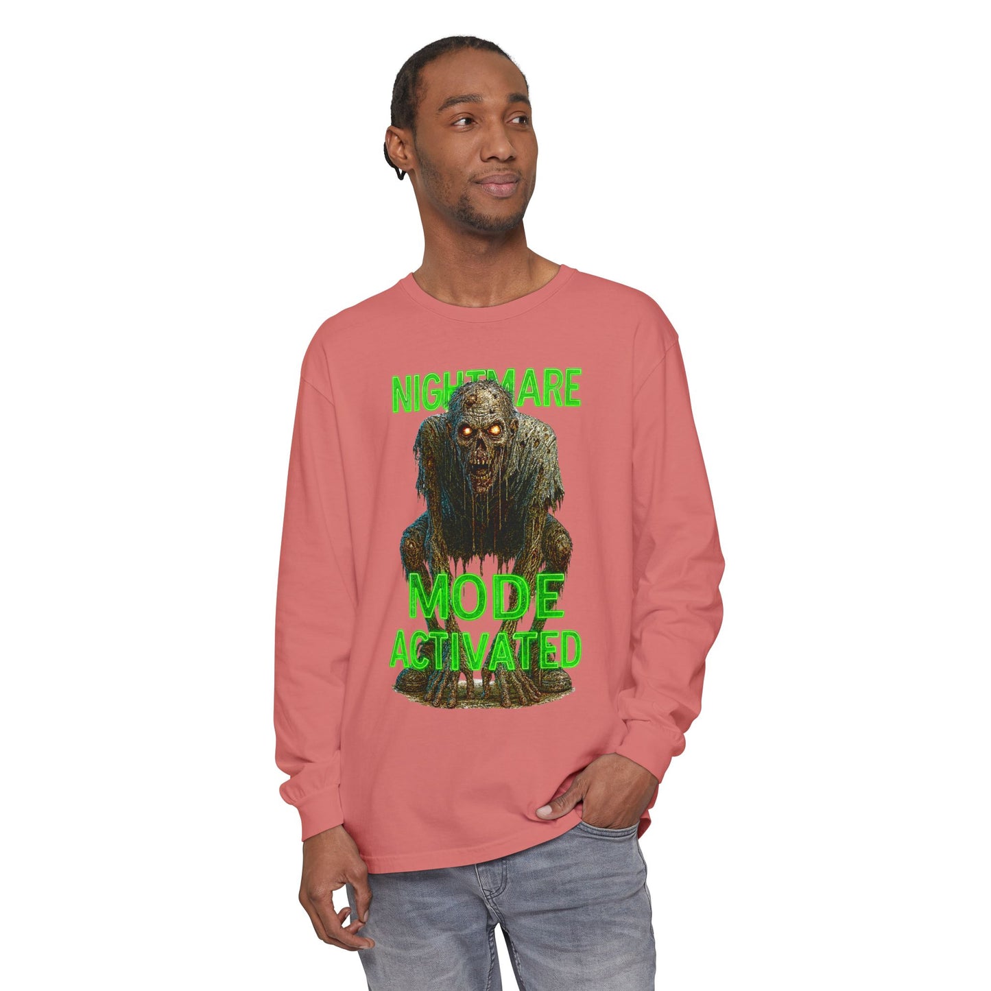 Nightmare Mode Activated Long Sleeve T-Shirt for Halloween, Spooky Gift, Horror Fans, Unisex Festival Apparel, Comfort Wear
