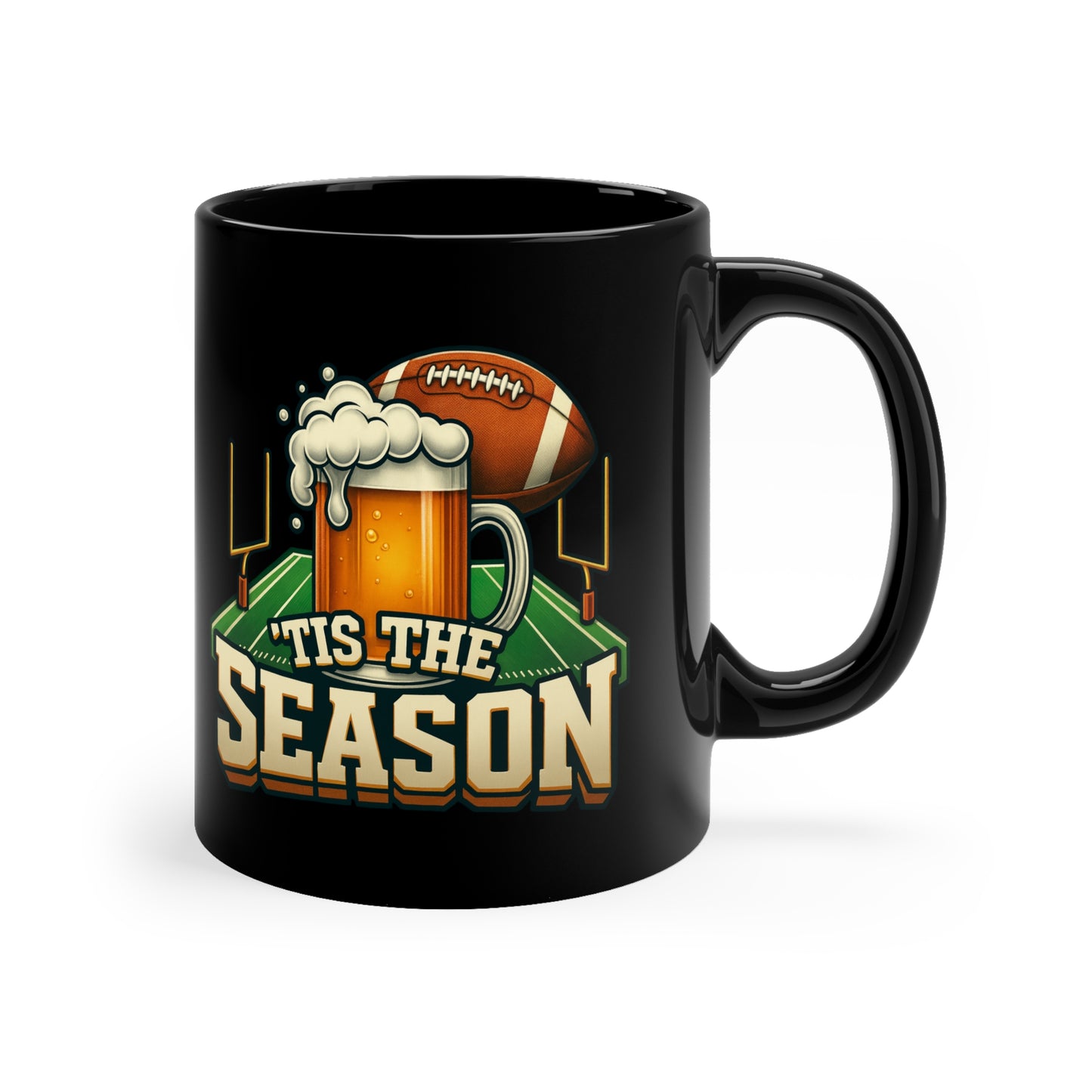 Celebration of Football Coffee Mug, Game Day Drinkware, Sports Fan Gift, Tis the Season Black Mug, 11oz Mug