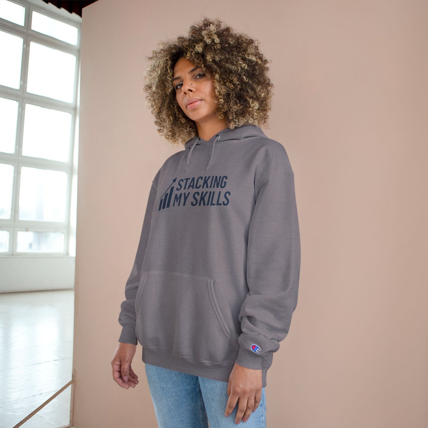 Champion Hoodie with 'Stacking My Skills' Design(Blue), Motivational Sweatshirt, Perfect Gift for Students, and Casual Wear