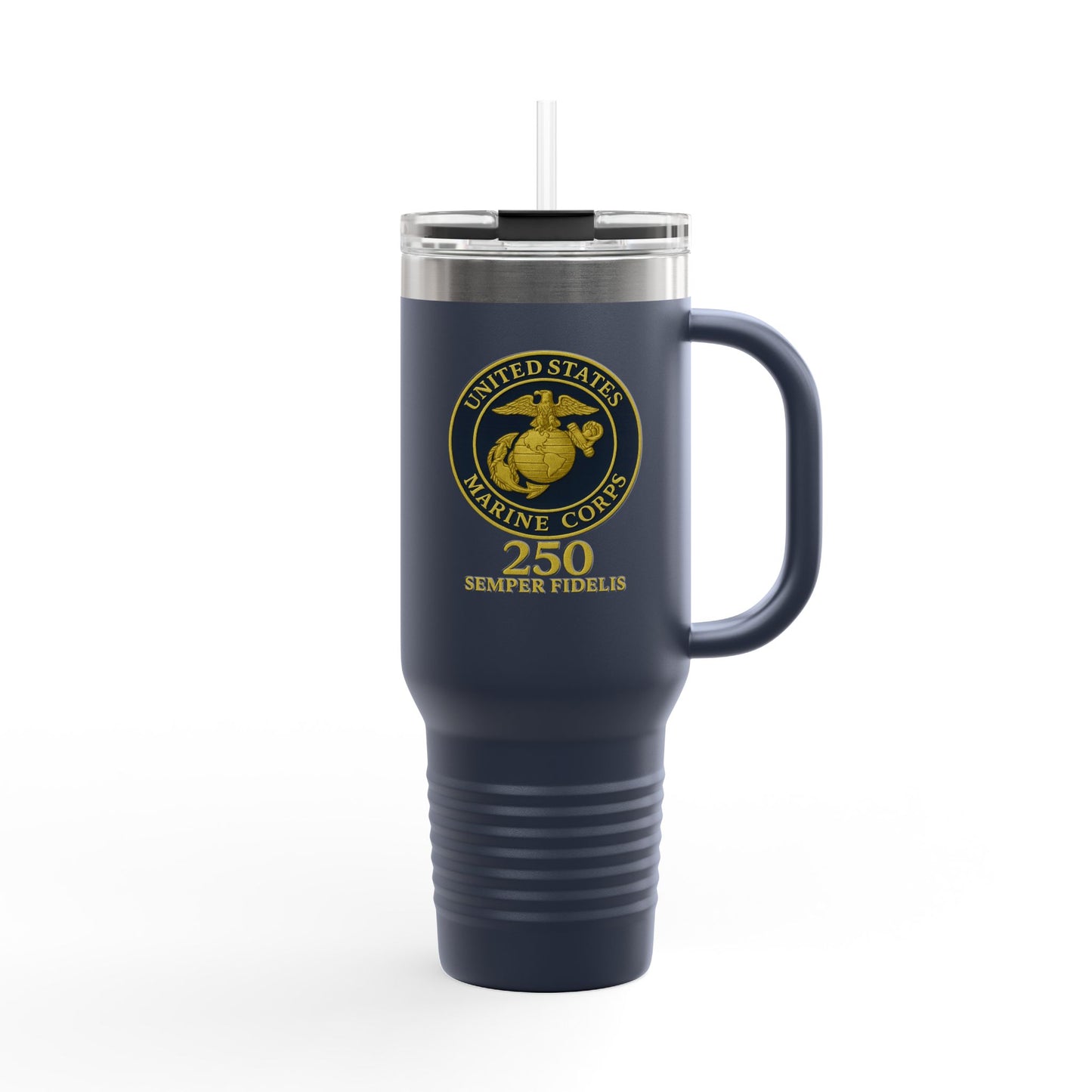 40oz Insulated Travel Mug - United States Marine Corps Semper Fidelis Design (Emblem On Navy Blue Background)