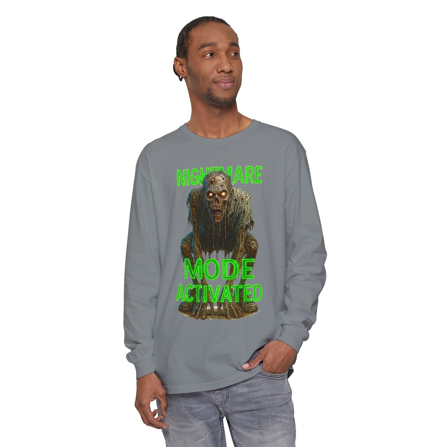 Nightmare Mode Activated Long Sleeve T-Shirt for Halloween, Spooky Gift, Horror Fans, Unisex Festival Apparel, Comfort Wear