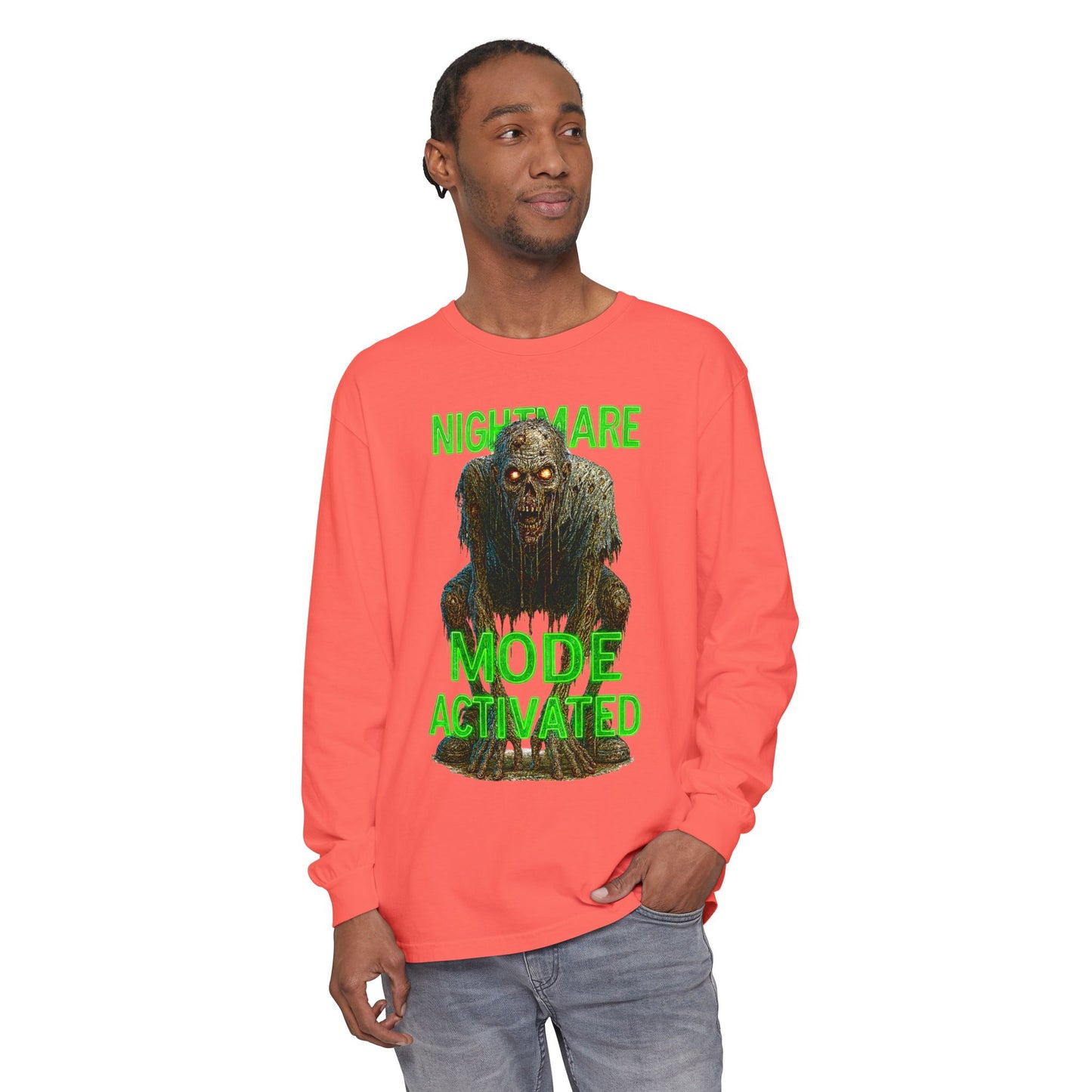 Nightmare Mode Activated Long Sleeve T-Shirt for Halloween, Spooky Gift, Horror Fans, Unisex Festival Apparel, Comfort Wear