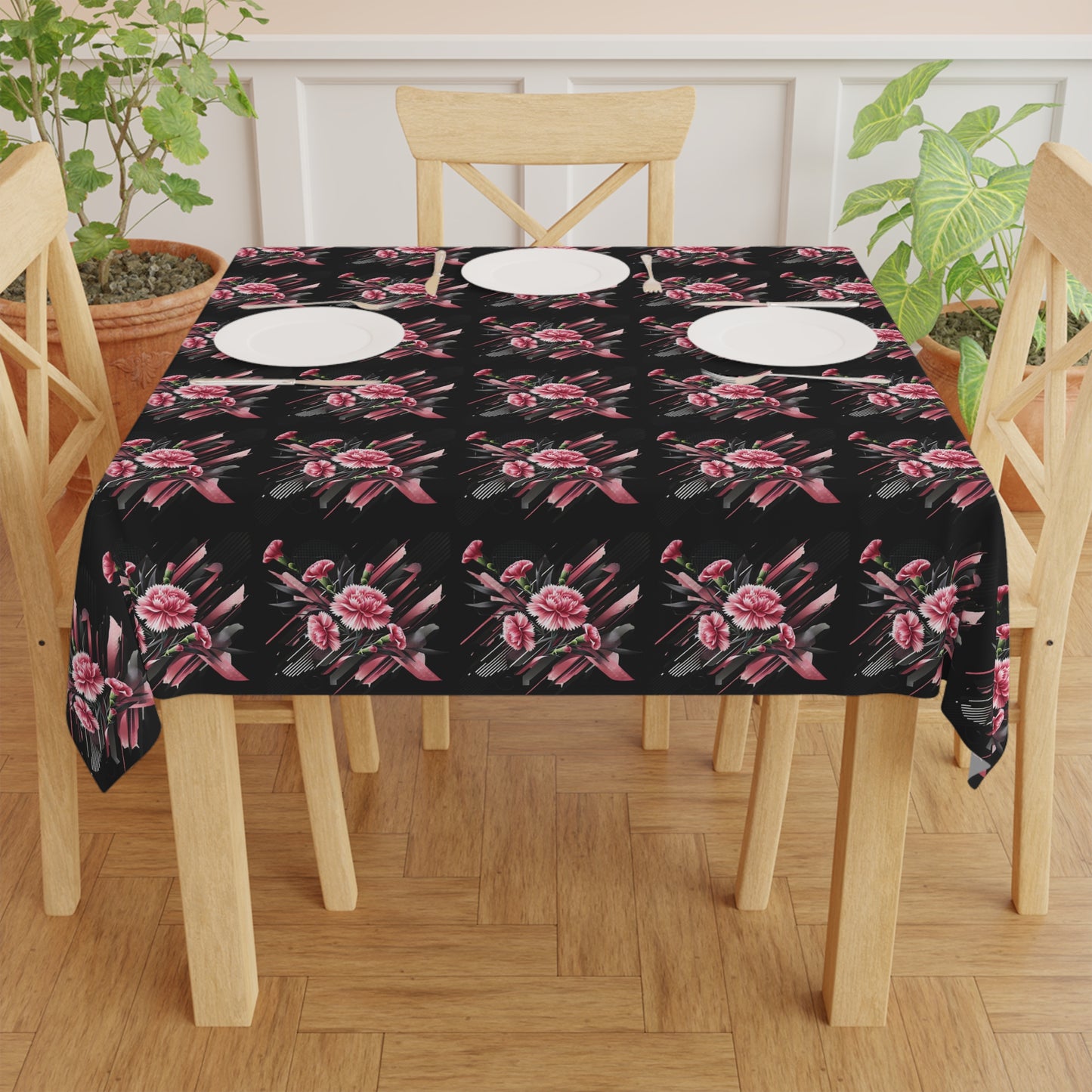 Pink Carnations On Black Tablecloth