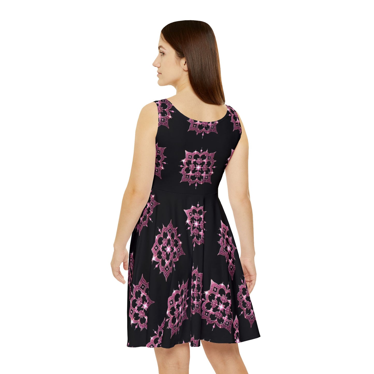 Dazzling Pink Quatrefoil on Black Sleeveless Skater Dress