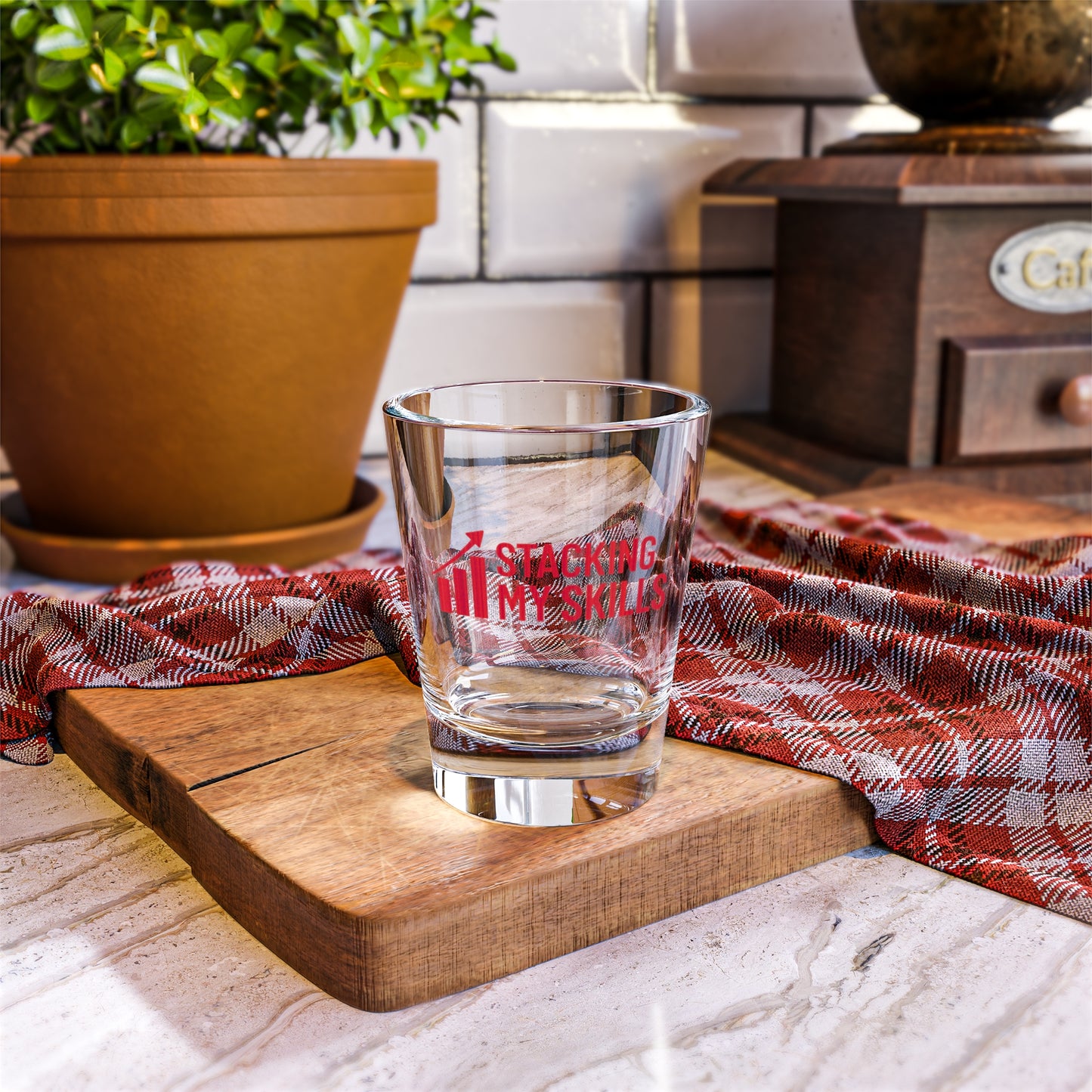 "Stacking My Skills" Motivational Shot Glass, Fun Bar Accessory