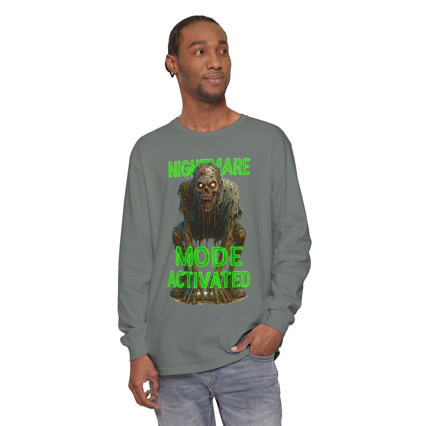 Nightmare Mode Activated Long Sleeve T-Shirt for Halloween, Spooky Gift, Horror Fans, Unisex Festival Apparel, Comfort Wear