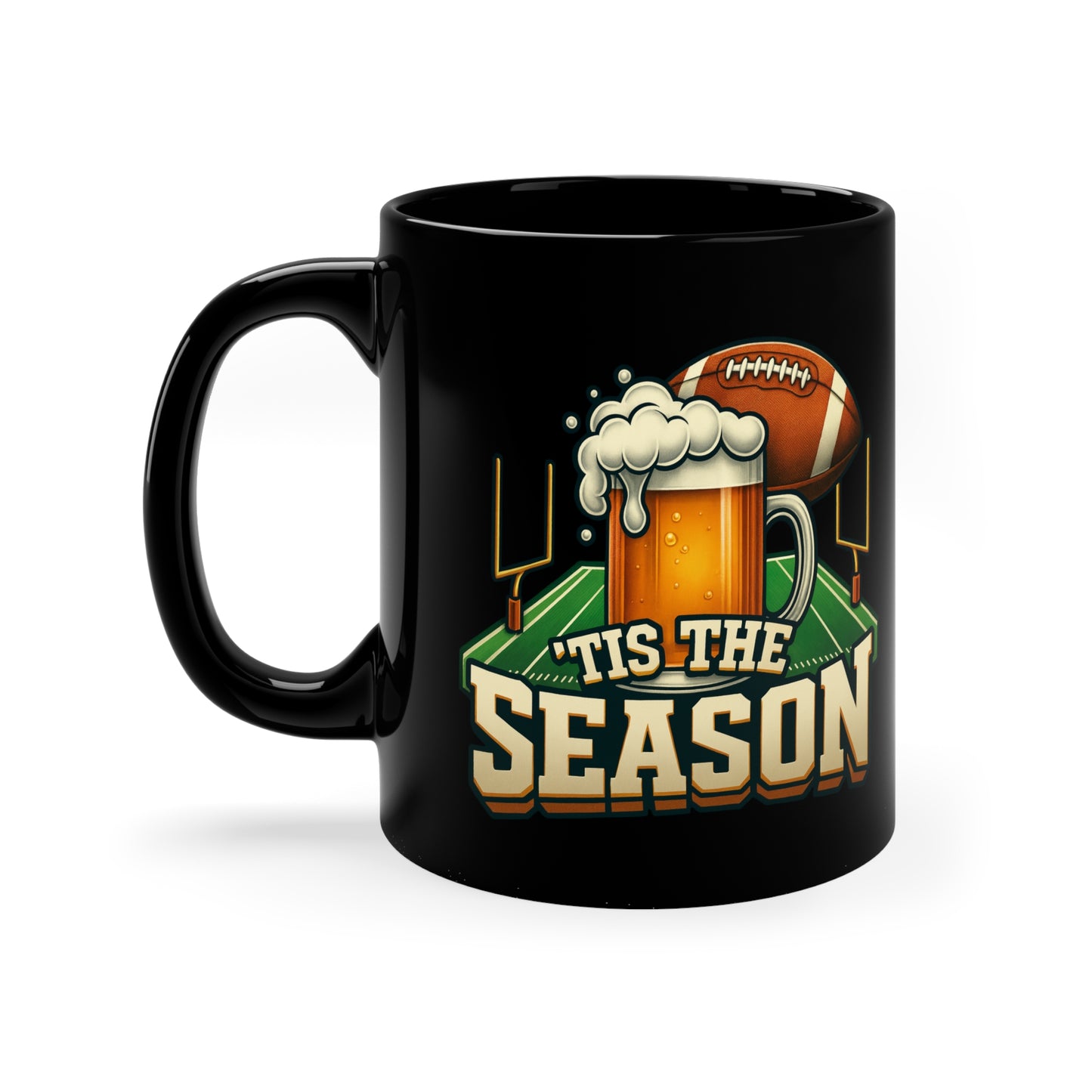 Celebration of Football Coffee Mug, Game Day Drinkware, Sports Fan Gift, Tis the Season Black Mug, 11oz Mug