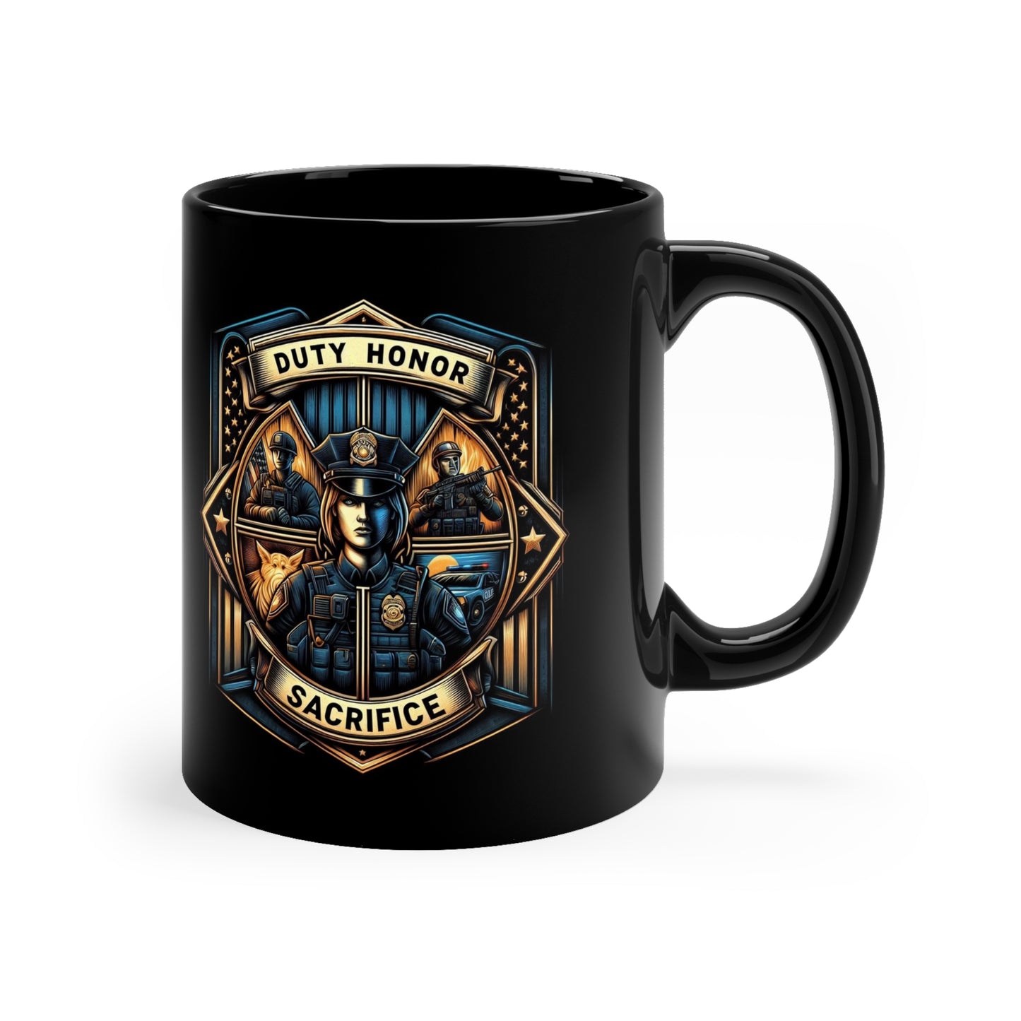 Duty, Honor, and Sacrifice - Police - 2 Sided - 11oz Black Coffee Mug