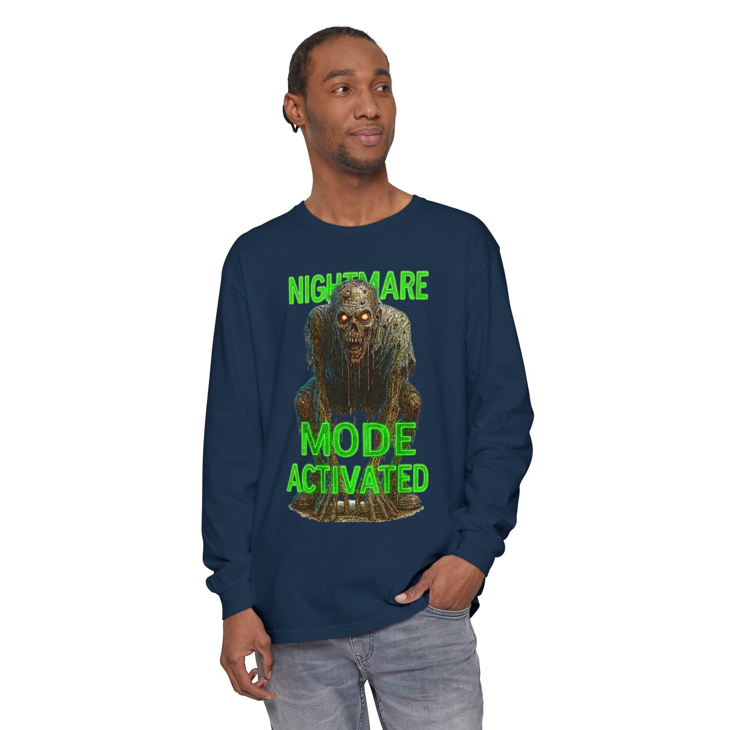 Nightmare Mode Activated Long Sleeve T-Shirt for Halloween, Spooky Gift, Horror Fans, Unisex Festival Apparel, Comfort Wear