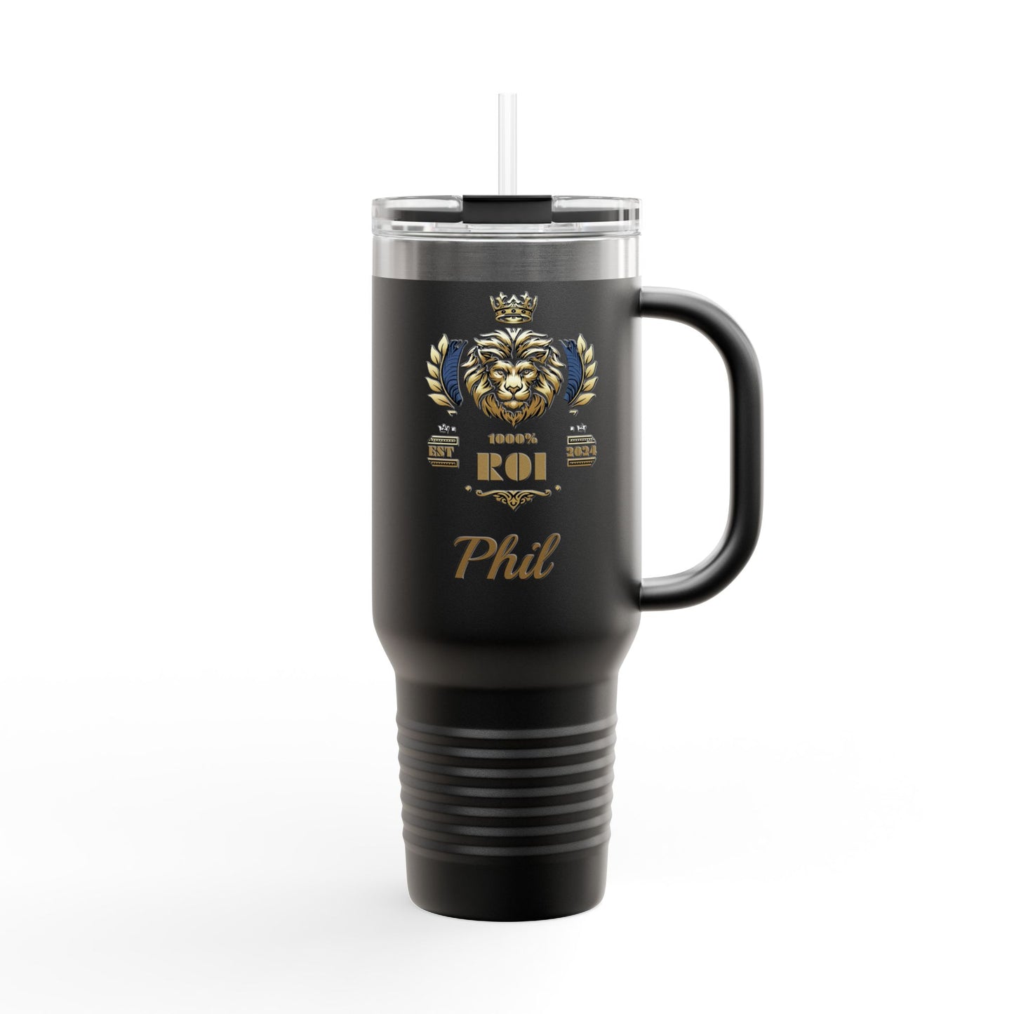 Personalized Insulated Travel Mug - 40oz with Gold Lion Design