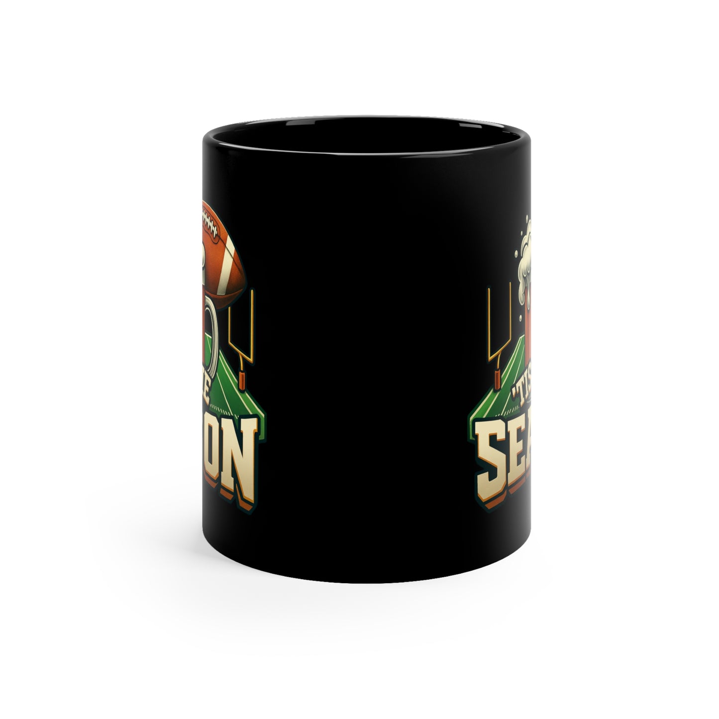Celebration of Football Coffee Mug, Game Day Drinkware, Sports Fan Gift, Tis the Season Black Mug, 11oz Mug