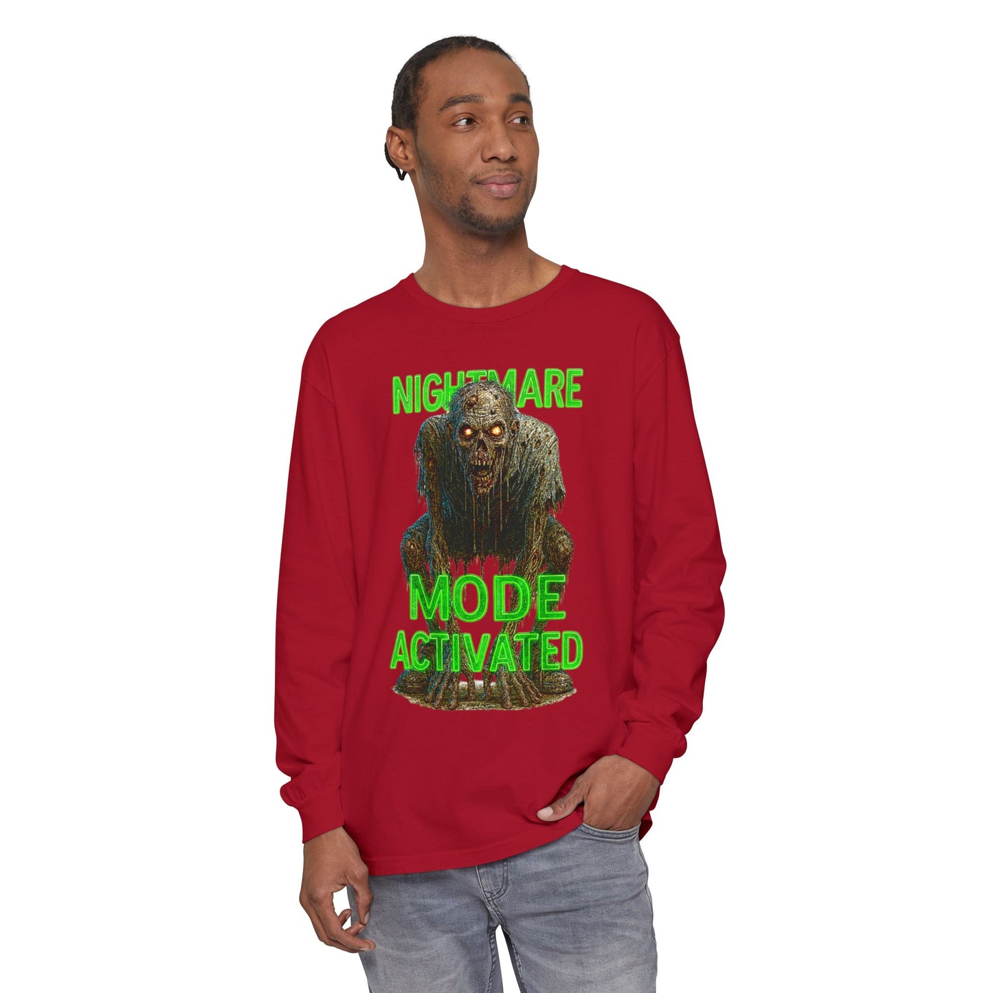 Nightmare Mode Activated Long Sleeve T-Shirt for Halloween, Spooky Gift, Horror Fans, Unisex Festival Apparel, Comfort Wear