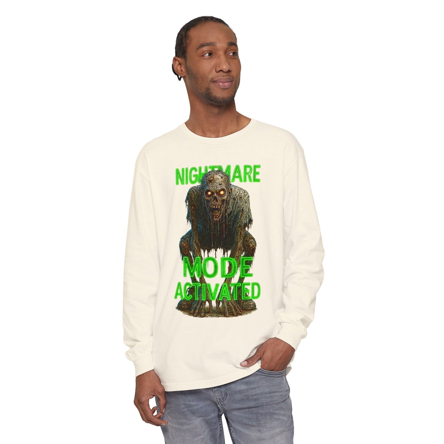 Nightmare Mode Activated Long Sleeve T-Shirt for Halloween, Spooky Gift, Horror Fans, Unisex Festival Apparel, Comfort Wear