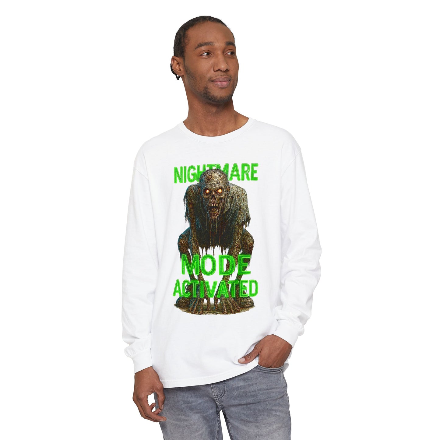 Nightmare Mode Activated Long Sleeve T-Shirt for Halloween, Spooky Gift, Horror Fans, Unisex Festival Apparel, Comfort Wear