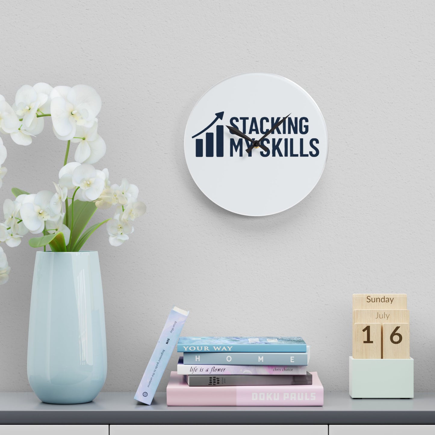 "Stacking My Skills" Modern Acrylic Wall Clock - Motivational Timepiece for Home Office, Workspace Decor, Unique Gift, Skill Development Decoration