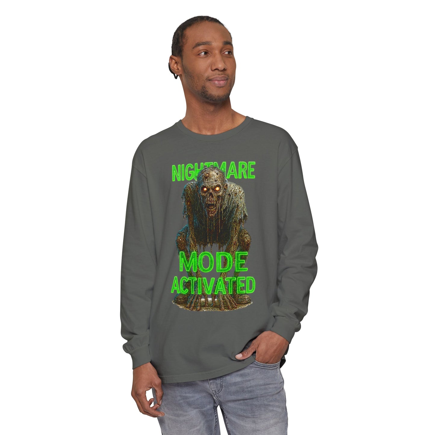 Nightmare Mode Activated Long Sleeve T-Shirt for Halloween, Spooky Gift, Horror Fans, Unisex Festival Apparel, Comfort Wear