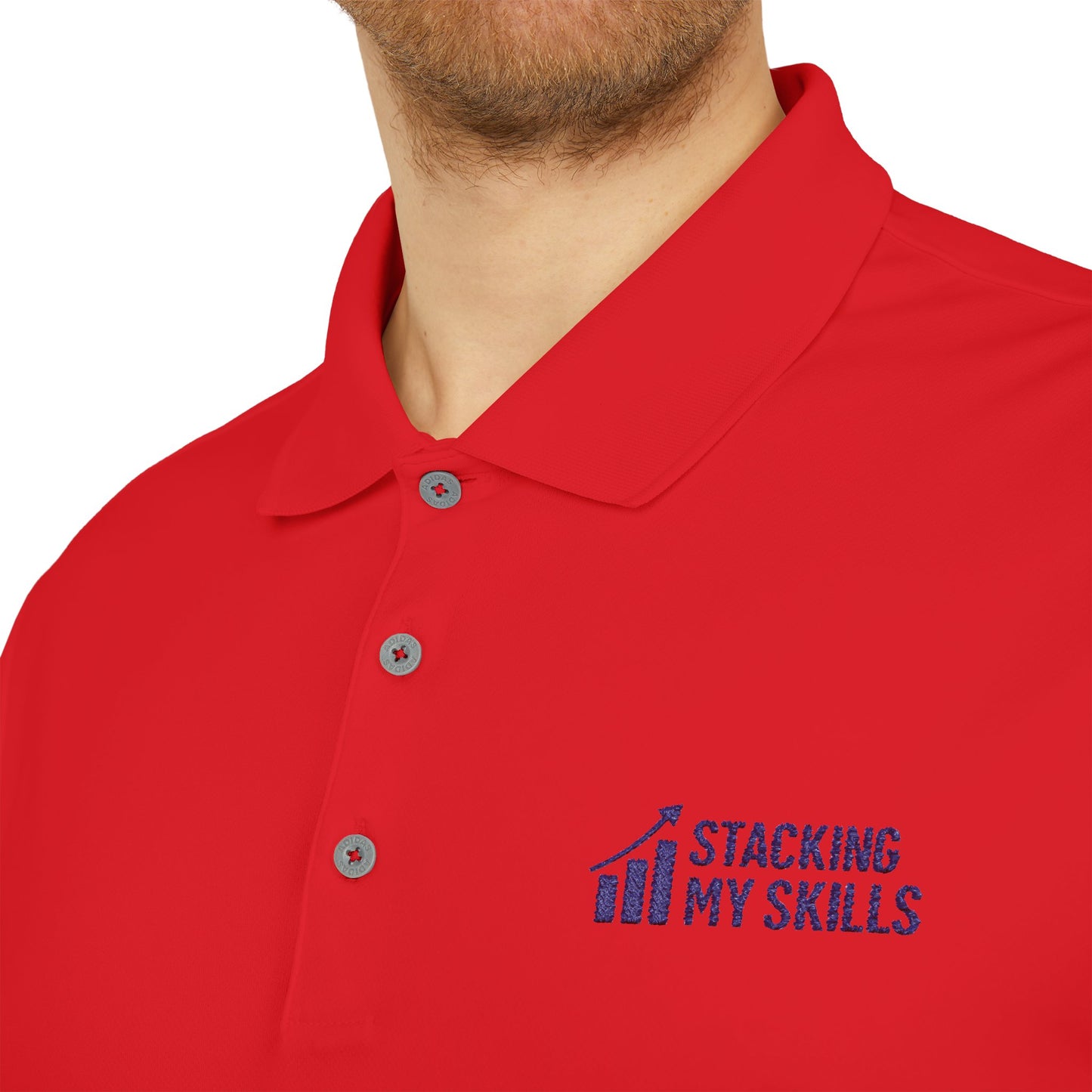 Adidas Performance Polo with 'Stacking My Skills' design(Blue), Sporty Polo Shirt for Golf, Tennis, and Casual Wear