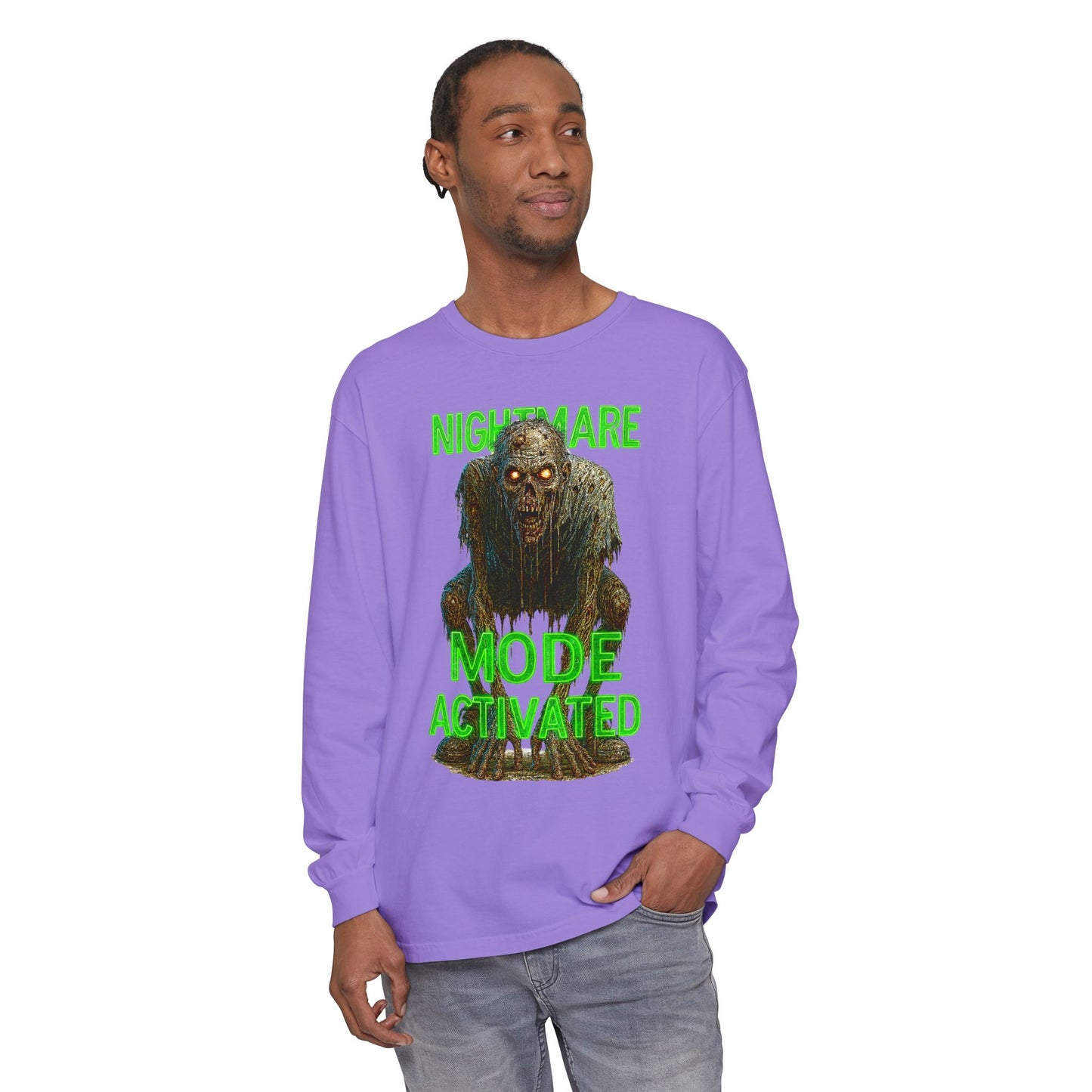 Nightmare Mode Activated Long Sleeve T-Shirt for Halloween, Spooky Gift, Horror Fans, Unisex Festival Apparel, Comfort Wear