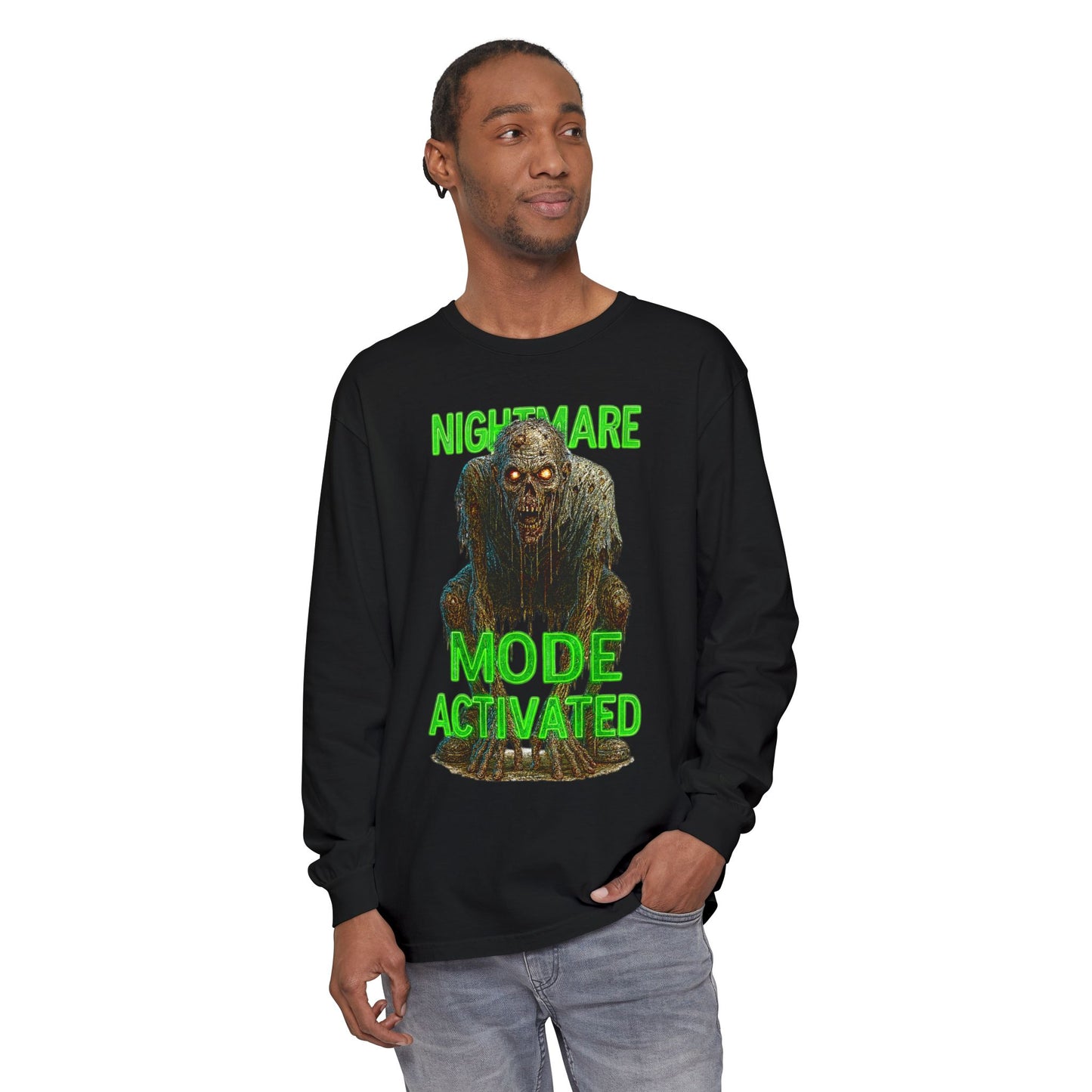 Nightmare Mode Activated Long Sleeve T-Shirt for Halloween, Spooky Gift, Horror Fans, Unisex Festival Apparel, Comfort Wear