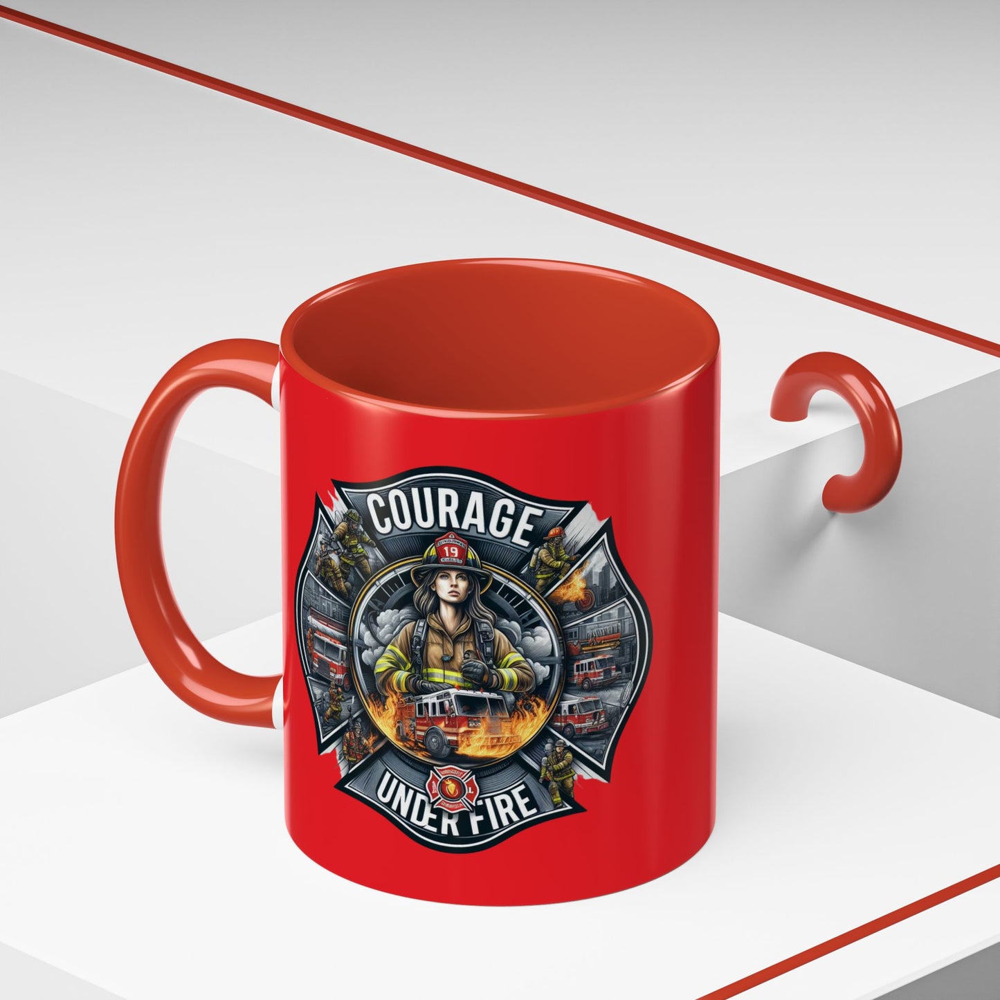 Courage Under Fire - Fire Chief - Hook and Ladder - 11oz Red, Pink, and Black Accents Coffee Mug