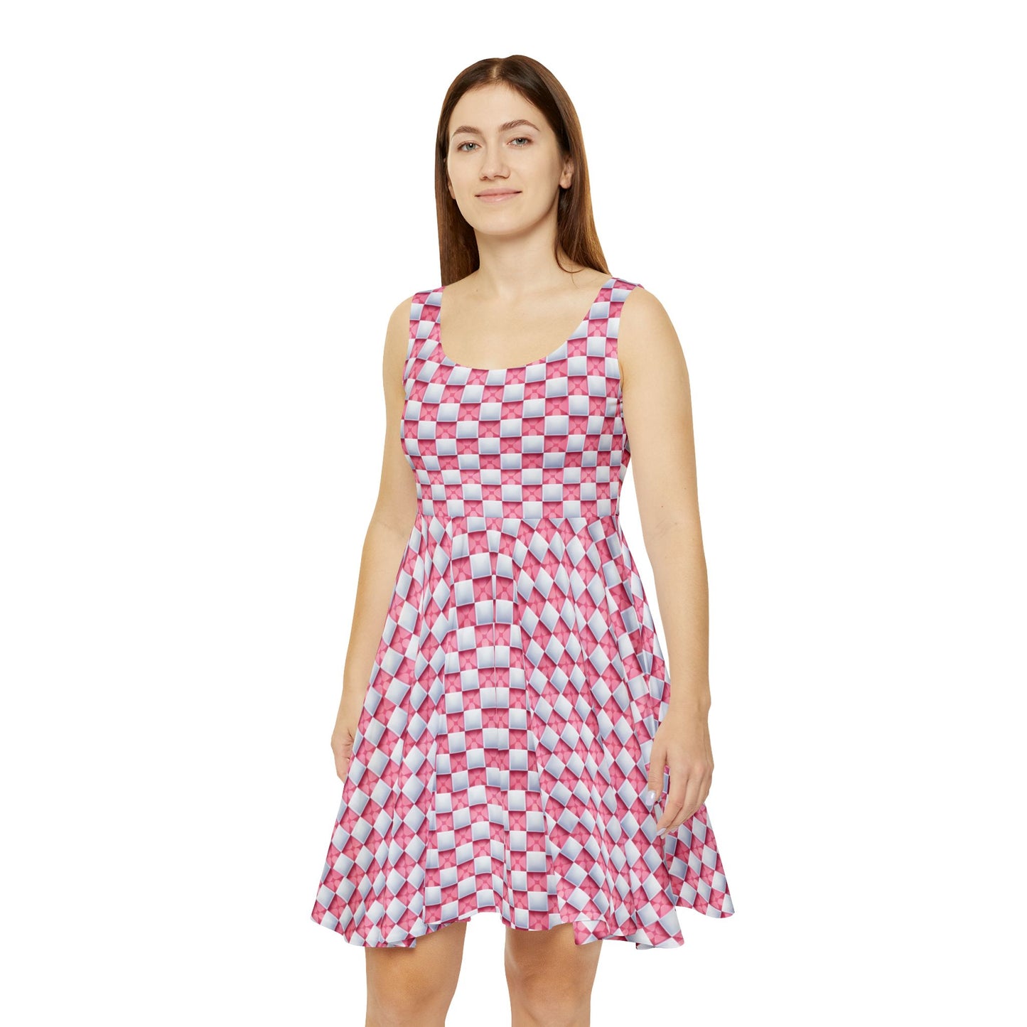 Pink and White Checkboard Skater Dress