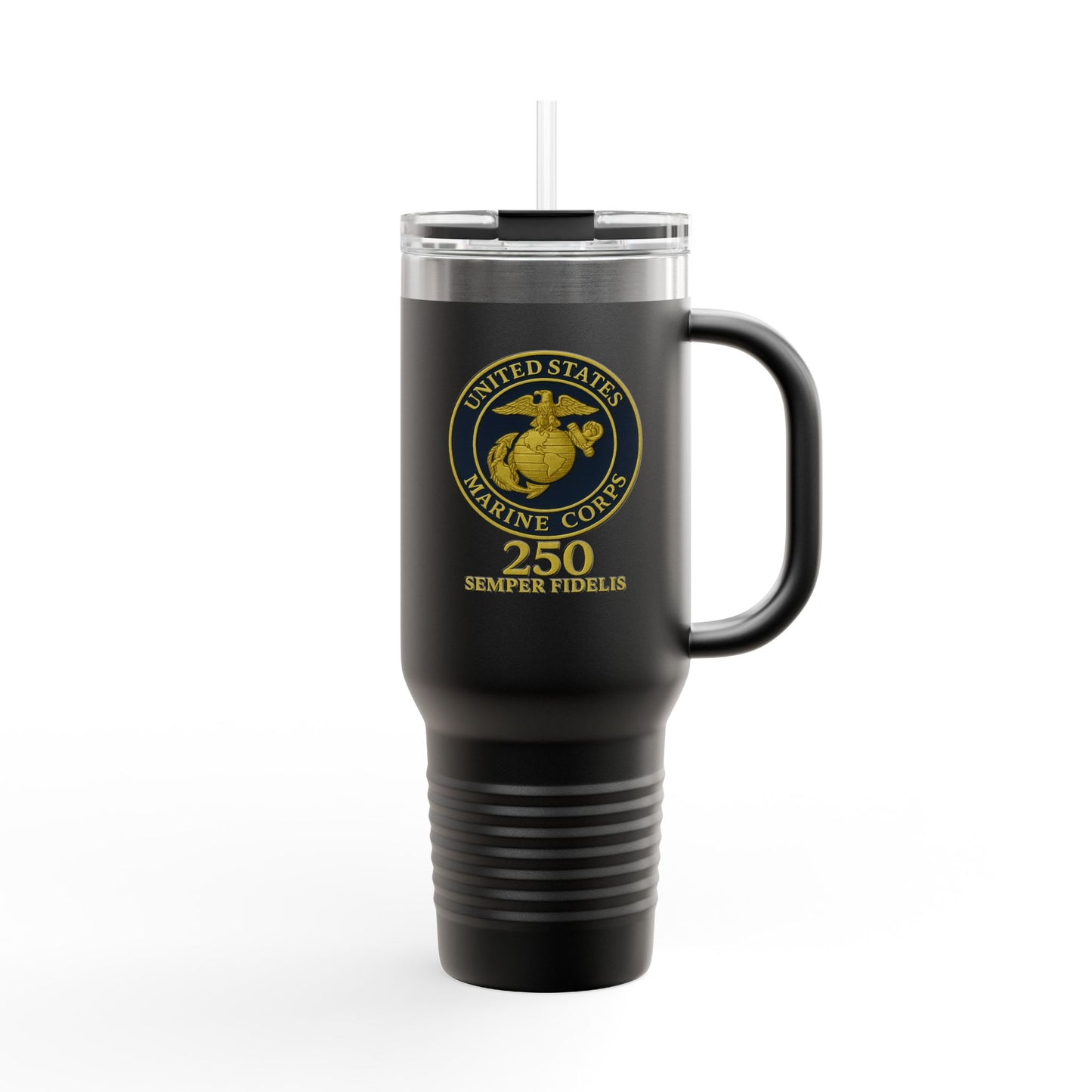 40oz Insulated Travel Mug - United States Marine Corps Semper Fidelis Design (Emblem On Navy Blue Background)