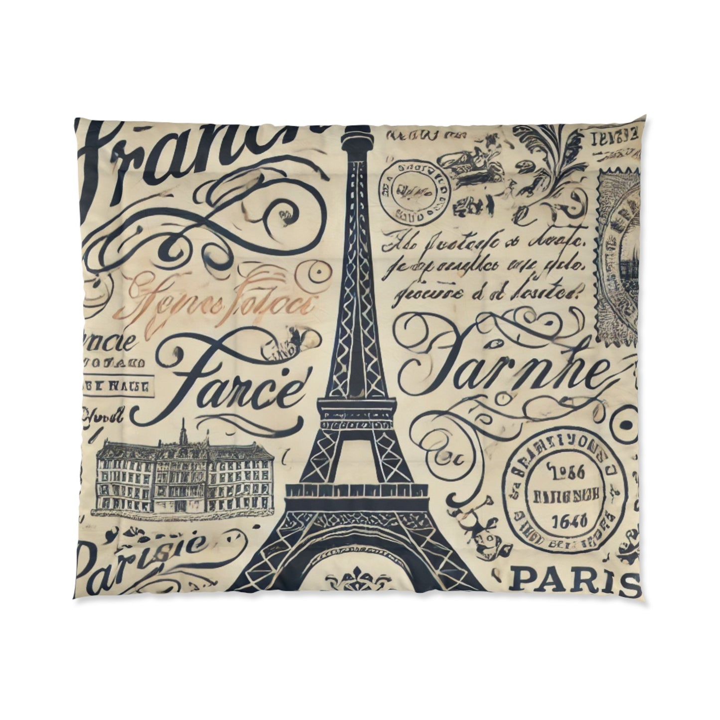French Typography Eiffel Tower Comforter