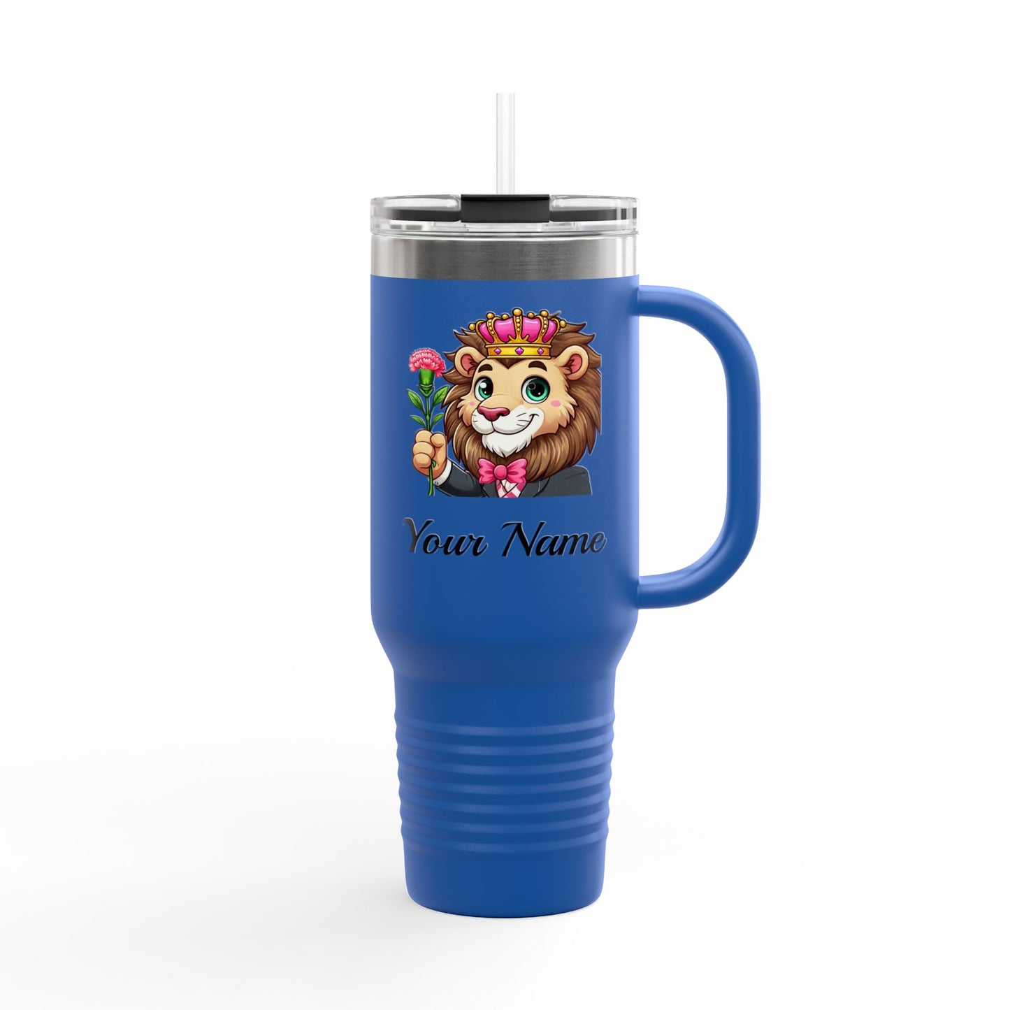 Personalized, Carnation Bearing Lion, 40oz Stainless Steel, Double-Insulated, Spillproof, Insulated Travel Mug