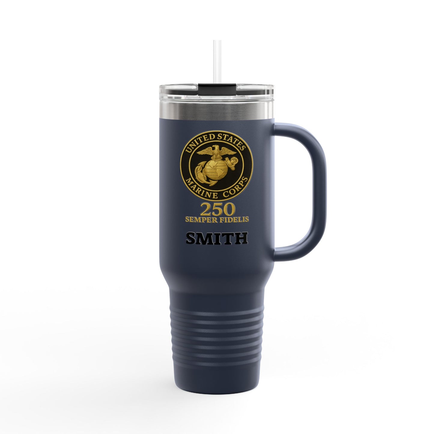 Customizable 40oz Insulated Travel Mug - United States Marine Corps Semper Fidelis Design (Emblem On Black Background)