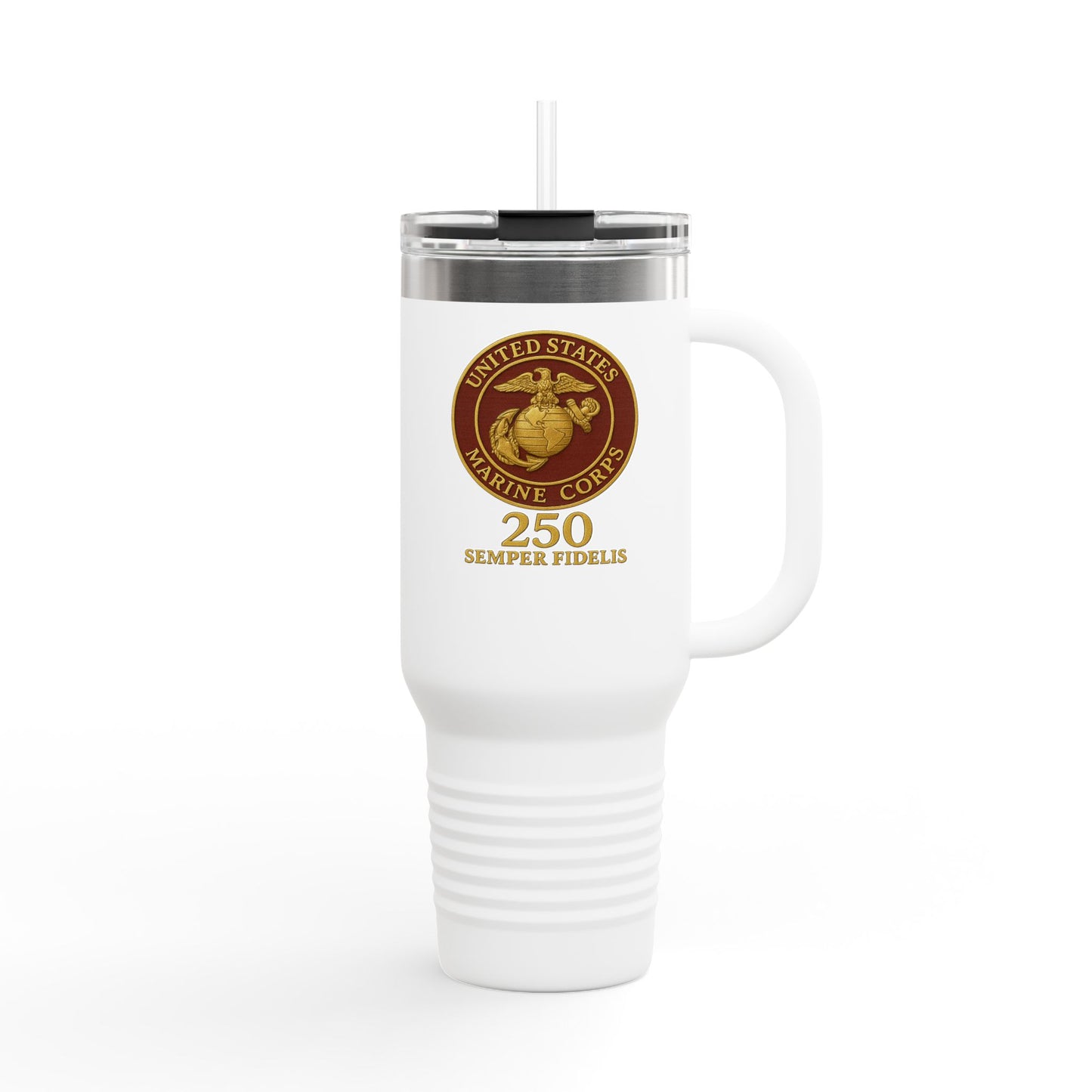 40oz Insulated Travel Mug - United States Marine Corps Semper Fidelis Design (Emblem Has Deep Red Background)