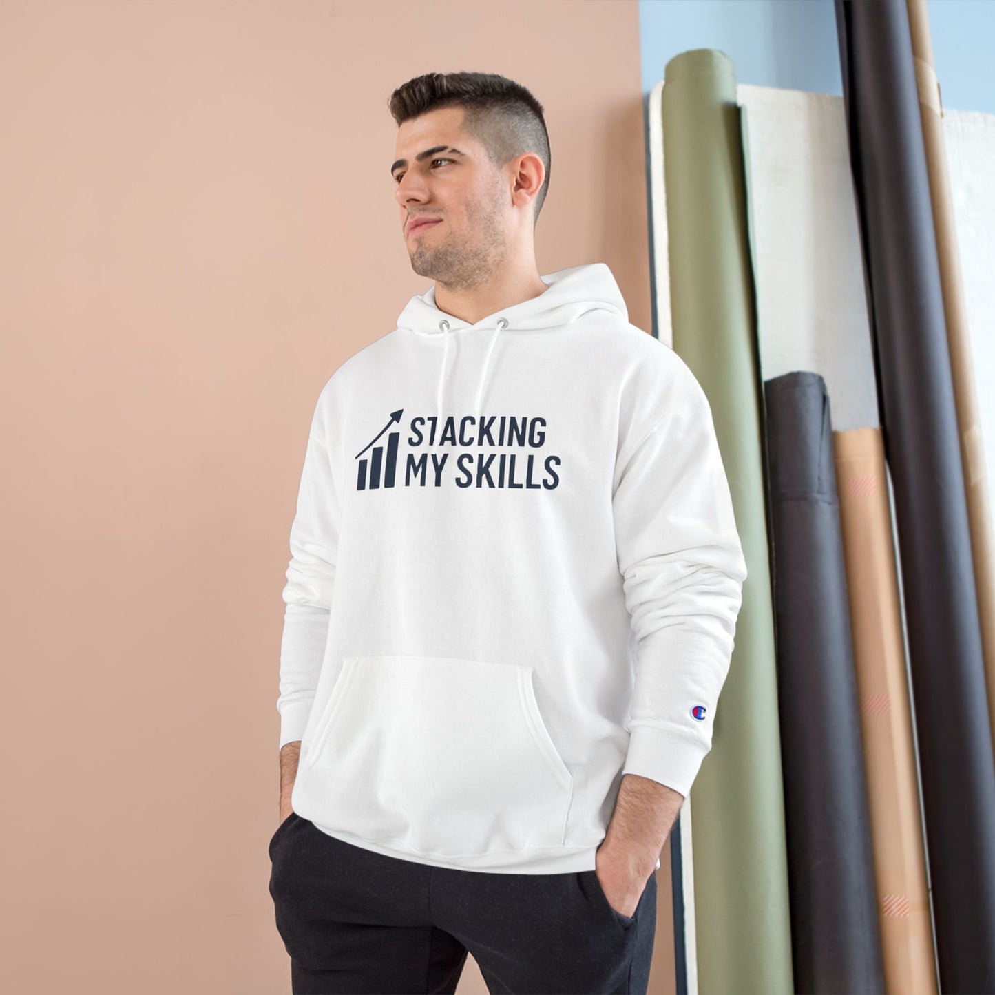 Champion Hoodie with 'Stacking My Skills' Design(Blue), Motivational Sweatshirt, Perfect Gift for Students, and Casual Wear