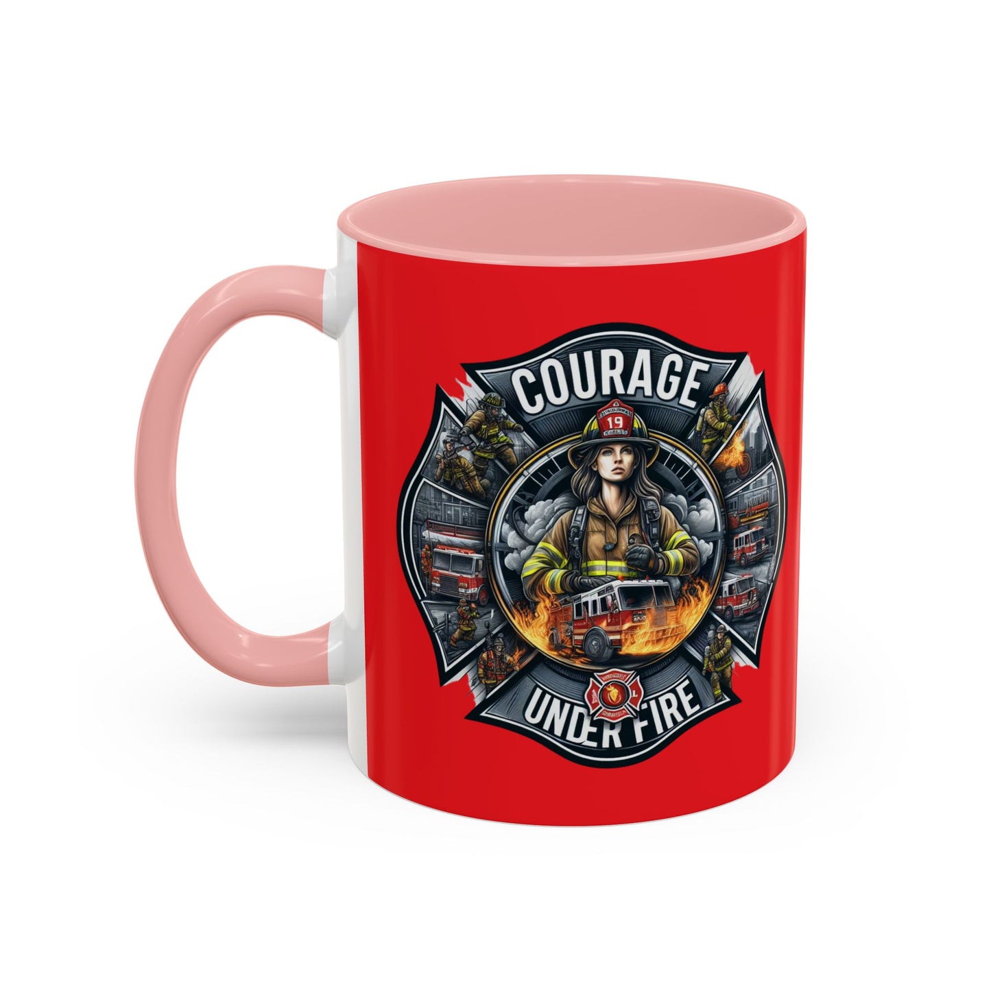 Courage Under Fire - Fire Chief - Hook and Ladder - 11oz Red, Pink, and Black Accents Coffee Mug