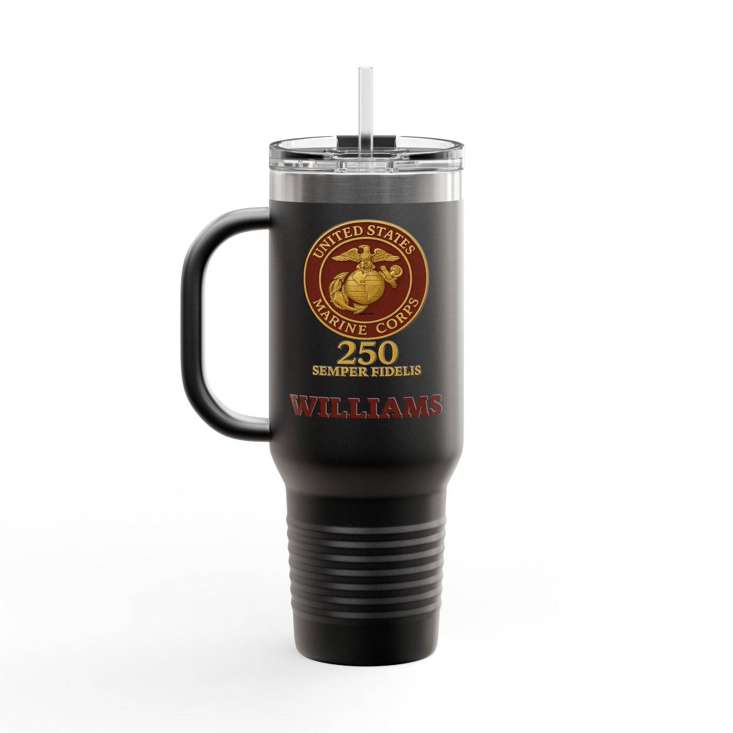 Customizable 40oz Insulated Travel Mug - United States Marine Corps Semper Fidelis Design (Emblem Has Deep Red Background)