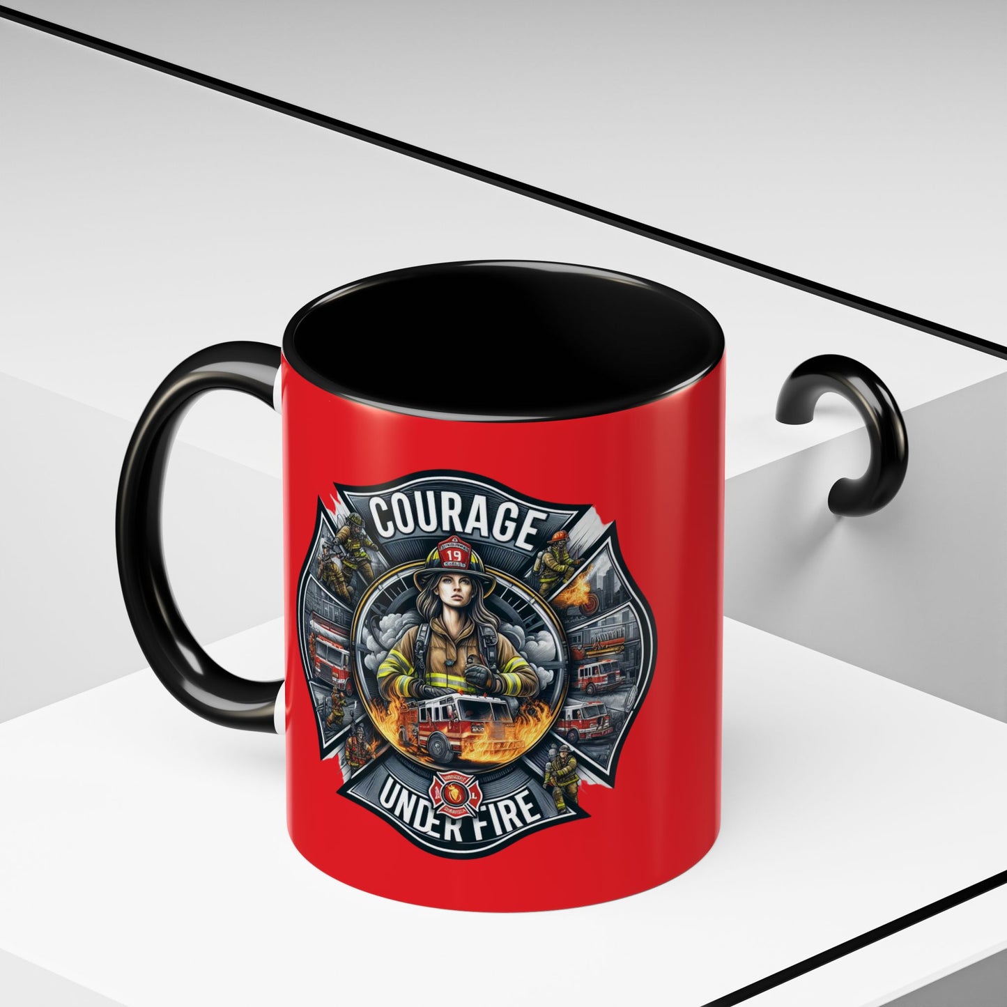 Courage Under Fire - Fire Chief - Hook and Ladder - 11oz Red, Pink, and Black Accents Coffee Mug