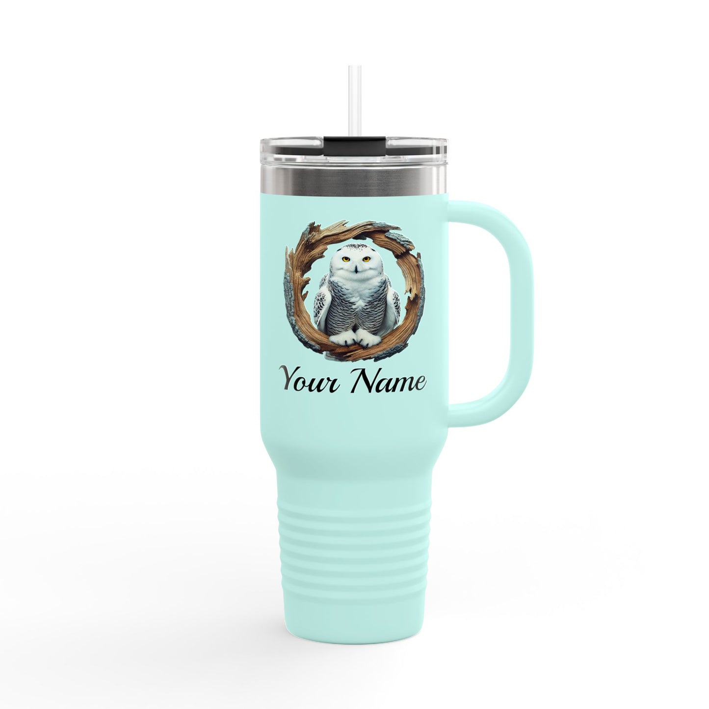 Personalized, Snow Owl, 40oz Stainless Steel, Spillproof Insulated Travel Mug