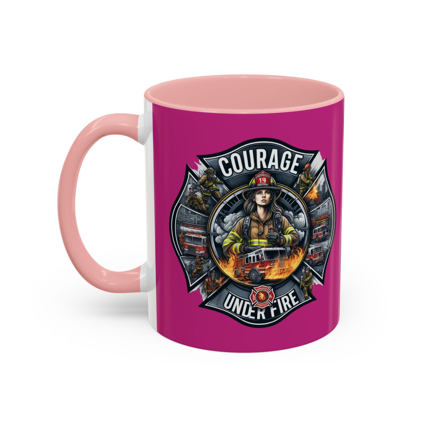 Courage Under Fire - Fire Chief - Hook and Ladder - Pink/White Accent Coffee Mug, 11oz