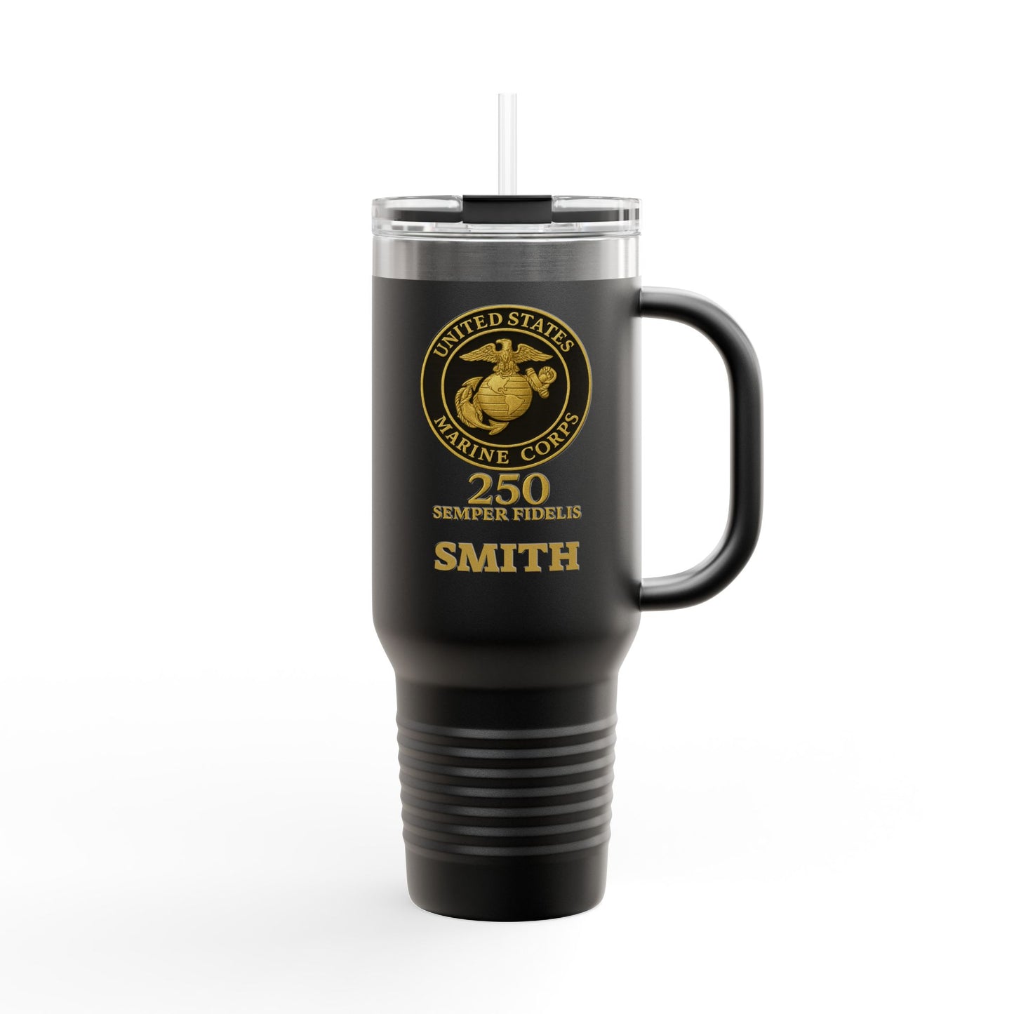 Customizable 40oz Insulated Travel Mug - United States Marine Corps Semper Fidelis Design (Emblem On Black Background)