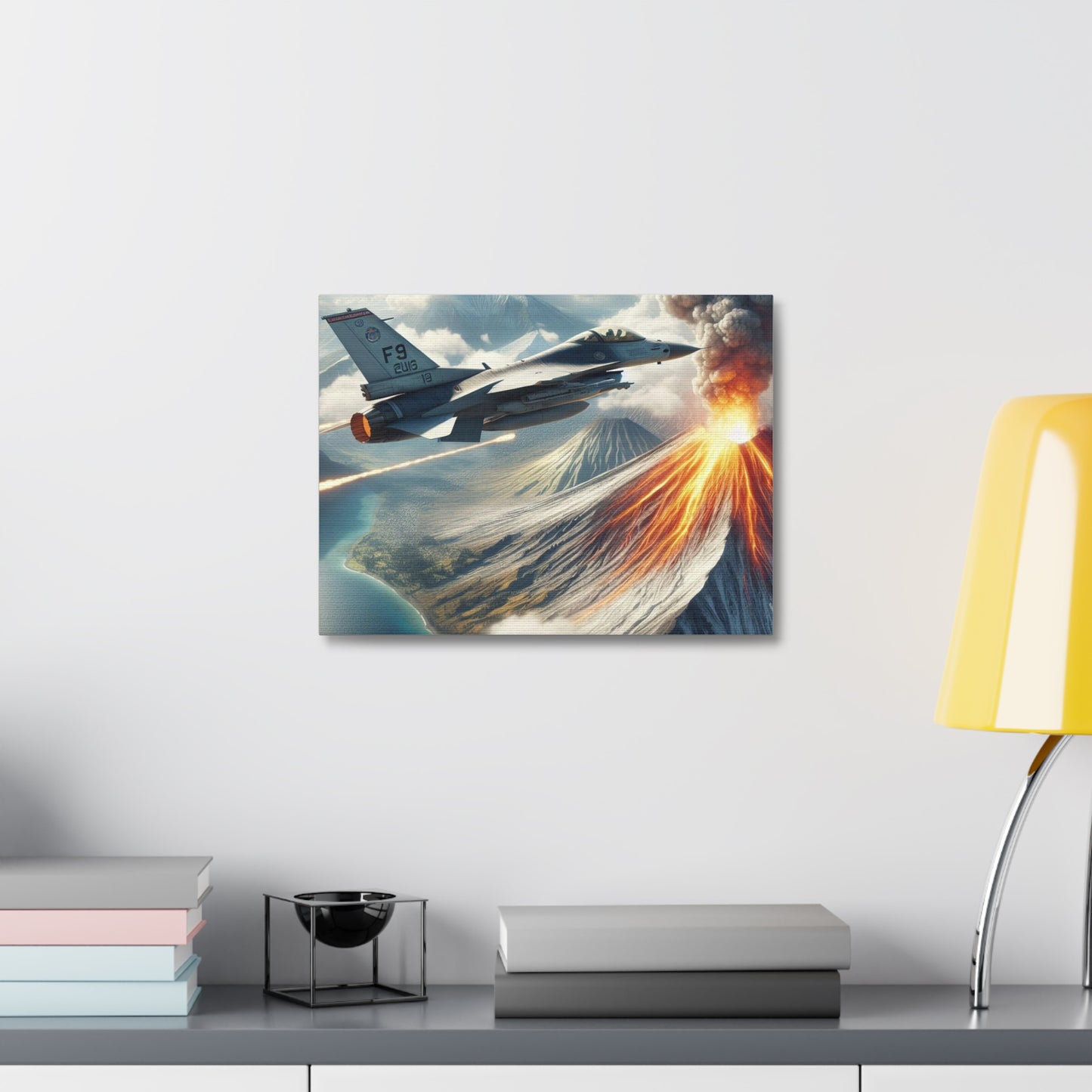 Fighter Aircraft With A Bird's Eye View Of Volcano on Stretched Canvas