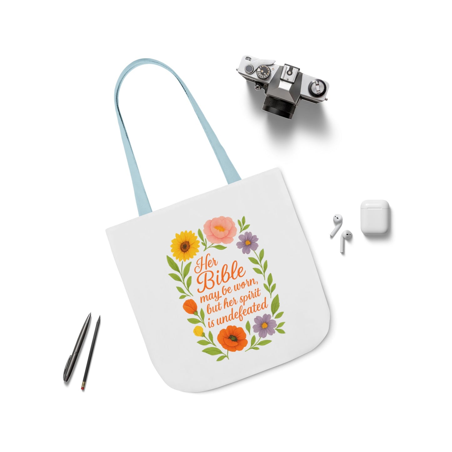 Inspirational Floral Canvas Tote Bag with 5-Color Straps