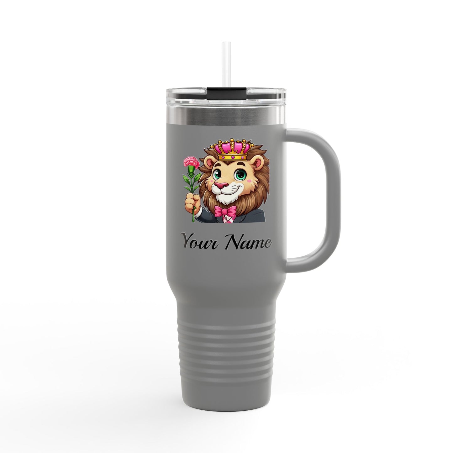 Personalized, Carnation Bearing Lion, 40oz Stainless Steel, Double-Insulated, Spillproof, Insulated Travel Mug
