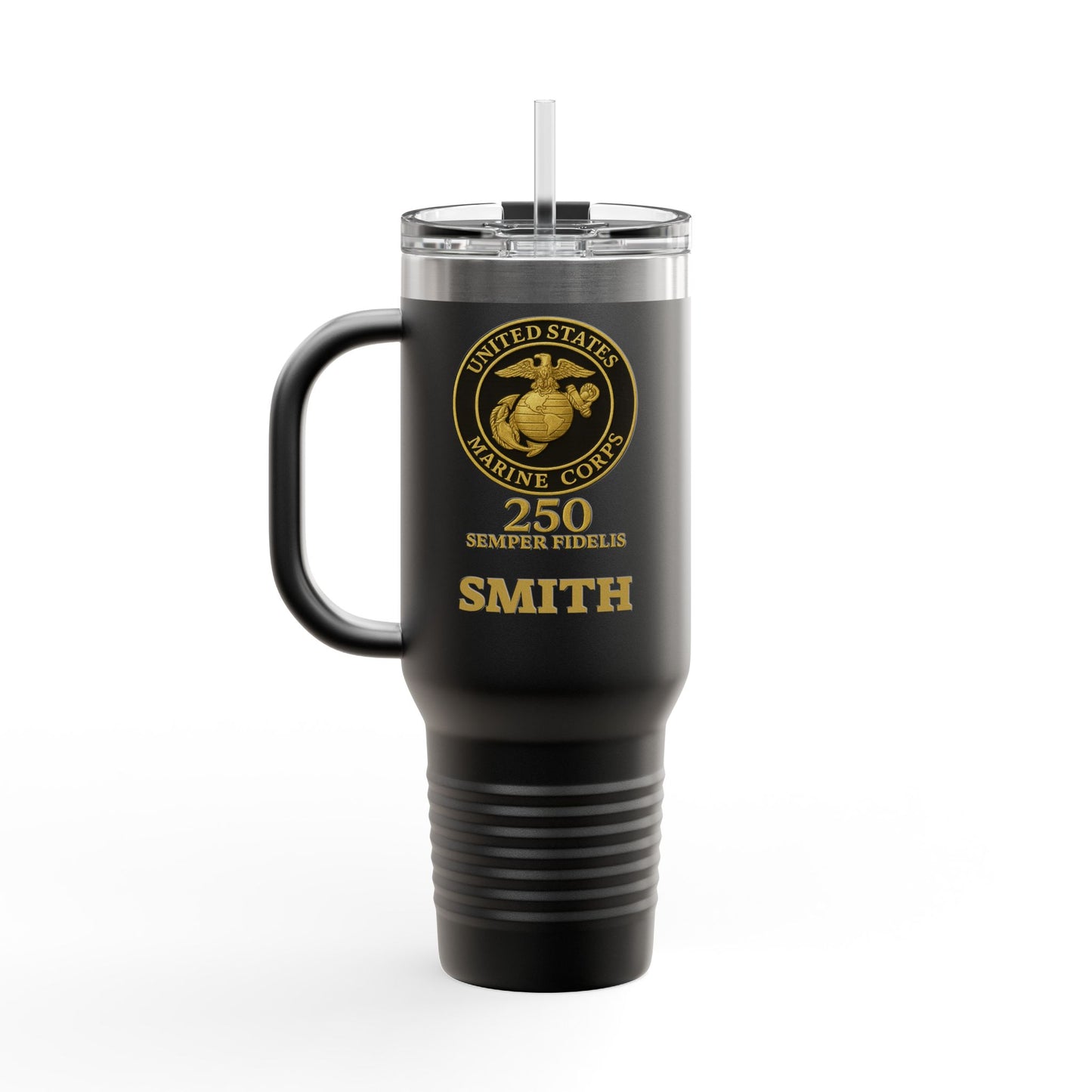 Customizable 40oz Insulated Travel Mug - United States Marine Corps Semper Fidelis Design (Emblem On Black Background)
