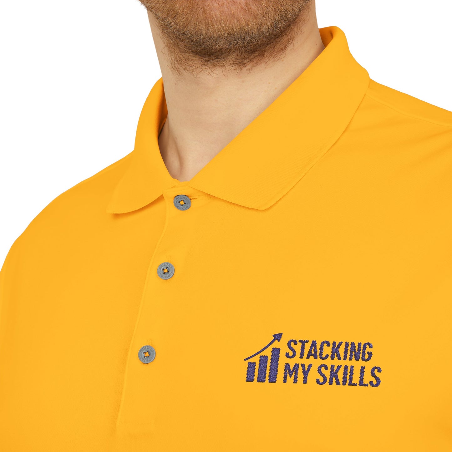 Adidas Performance Polo with 'Stacking My Skills' design(Blue), Sporty Polo Shirt for Golf, Tennis, and Casual Wear