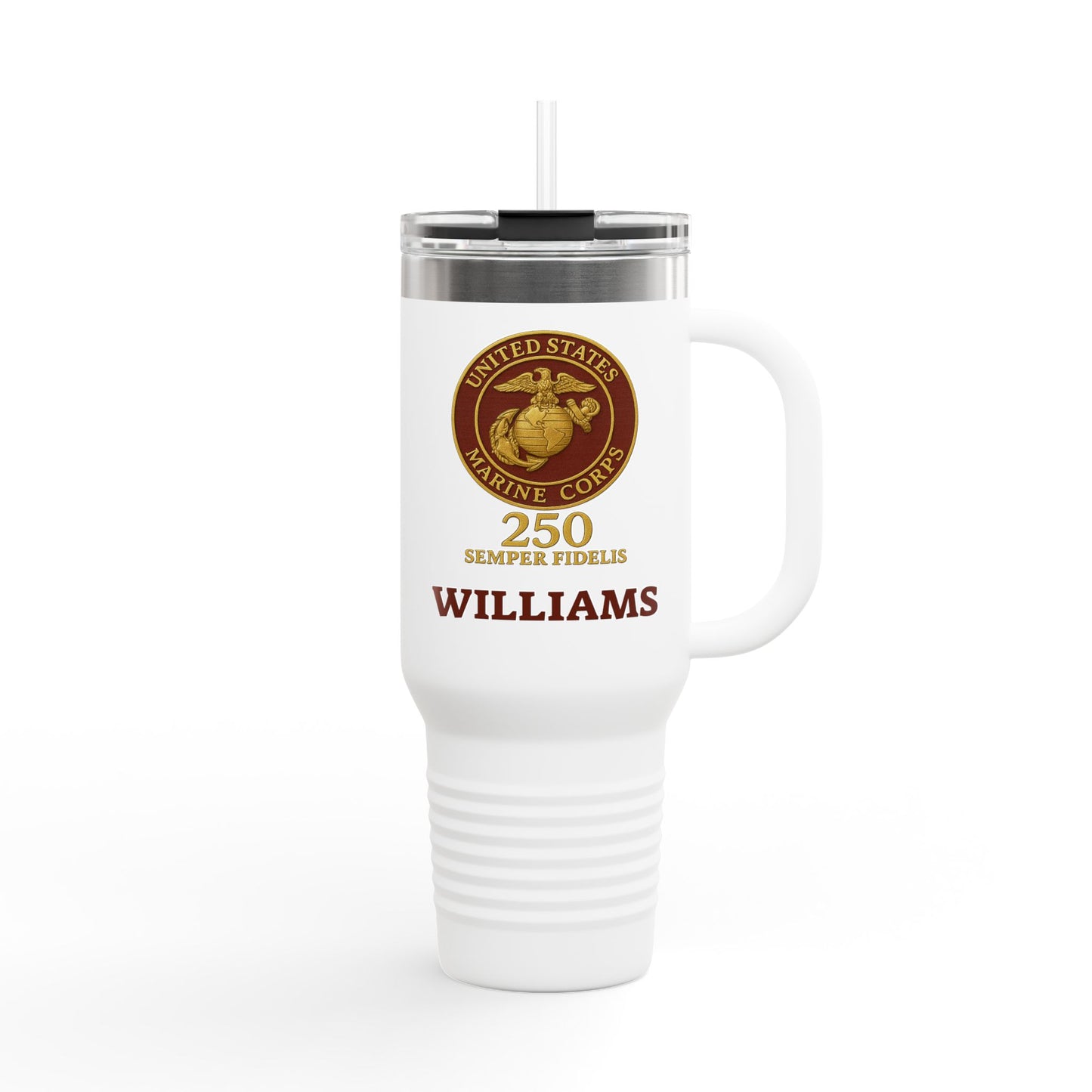 Customizable 40oz Insulated Travel Mug - United States Marine Corps Semper Fidelis Design (Emblem Has Deep Red Background)