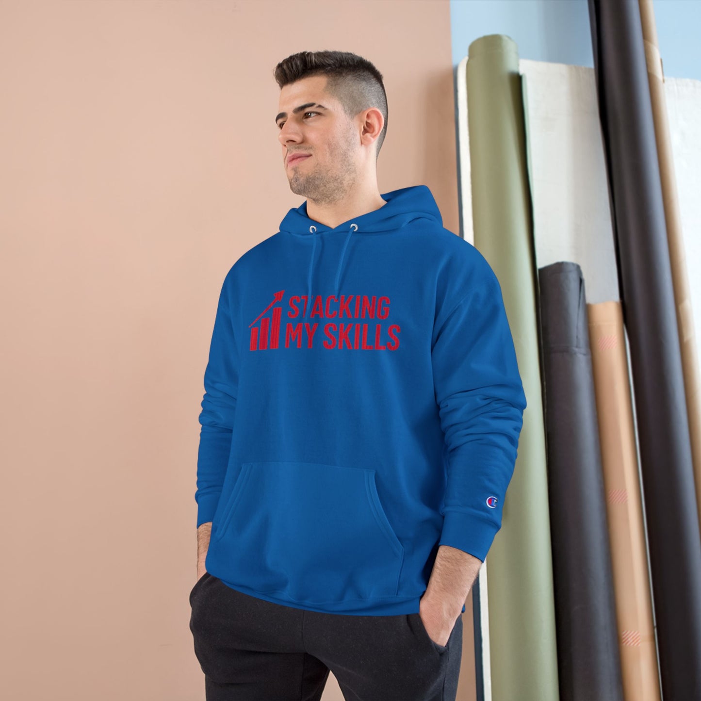 Champion Hoodie with 'Stacking My Skills' Design (Red Letters)