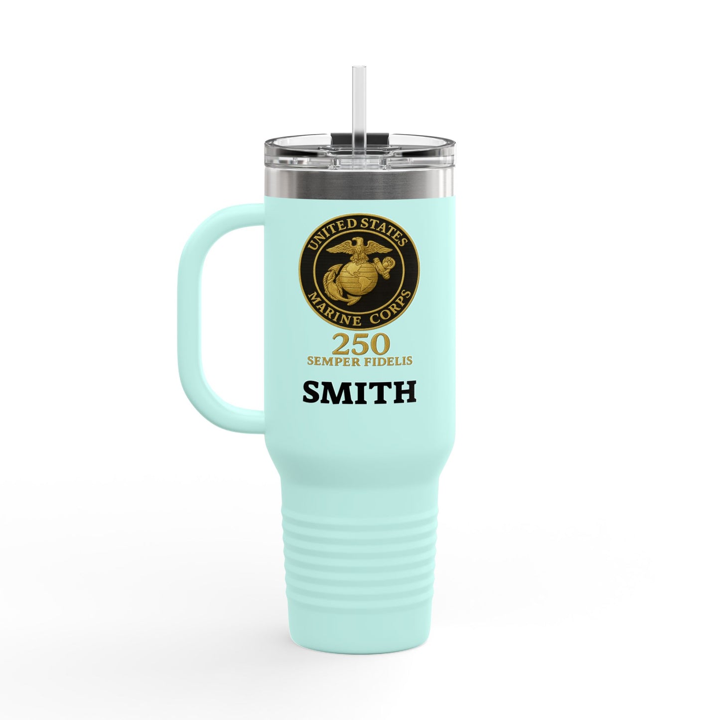 Customizable 40oz Insulated Travel Mug - United States Marine Corps Semper Fidelis Design (Emblem On Black Background)