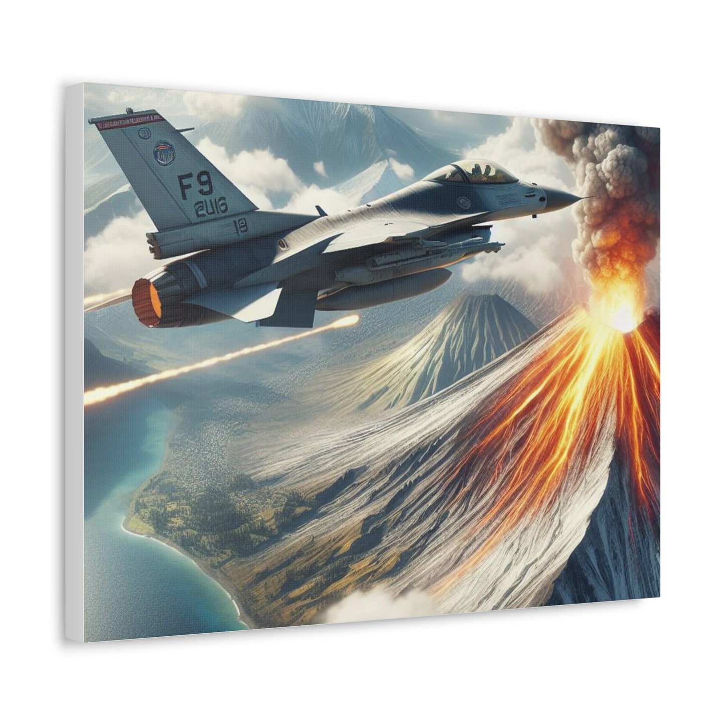 Fighter Aircraft With A Bird's Eye View Of Volcano on Stretched Canvas