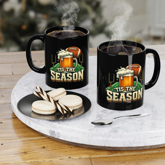 Celebration of Football  Coffee Mug, Game Day Drinkware, Sports Fan Gift, Tis the Season Black Mug, 11oz Mug