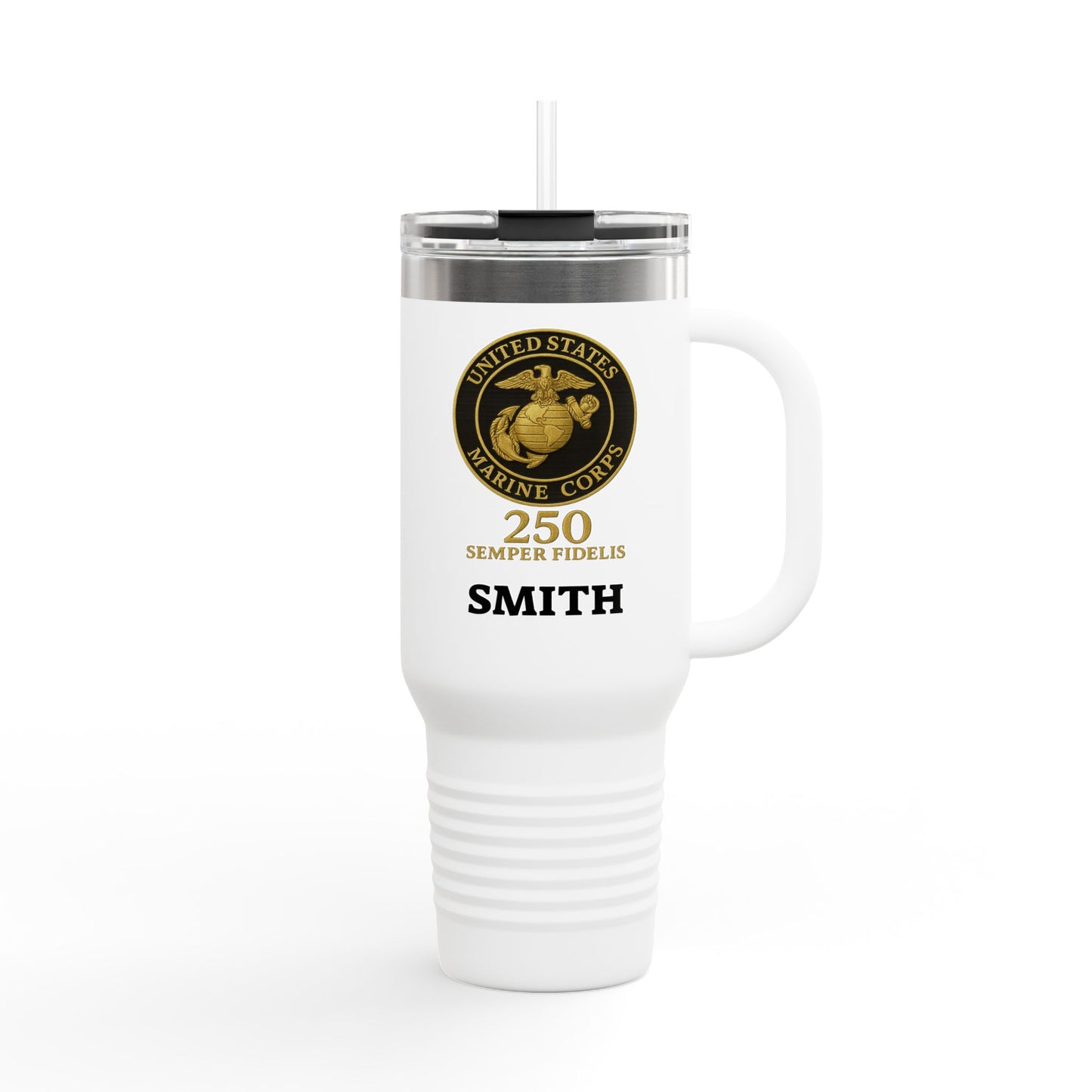 Customizable 40oz Insulated Travel Mug - United States Marine Corps Semper Fidelis Design (Emblem On Black Background)