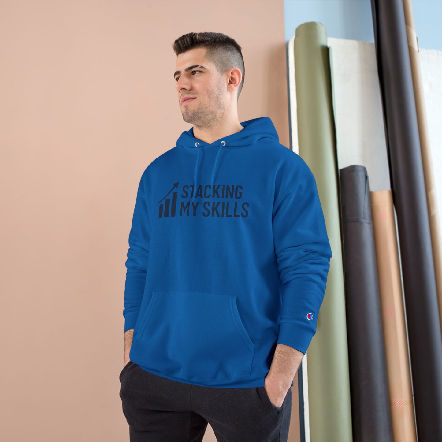 Champion Hoodie with 'Stacking My Skills' Design(Blue), Motivational Sweatshirt, Perfect Gift for Students, and Casual Wear